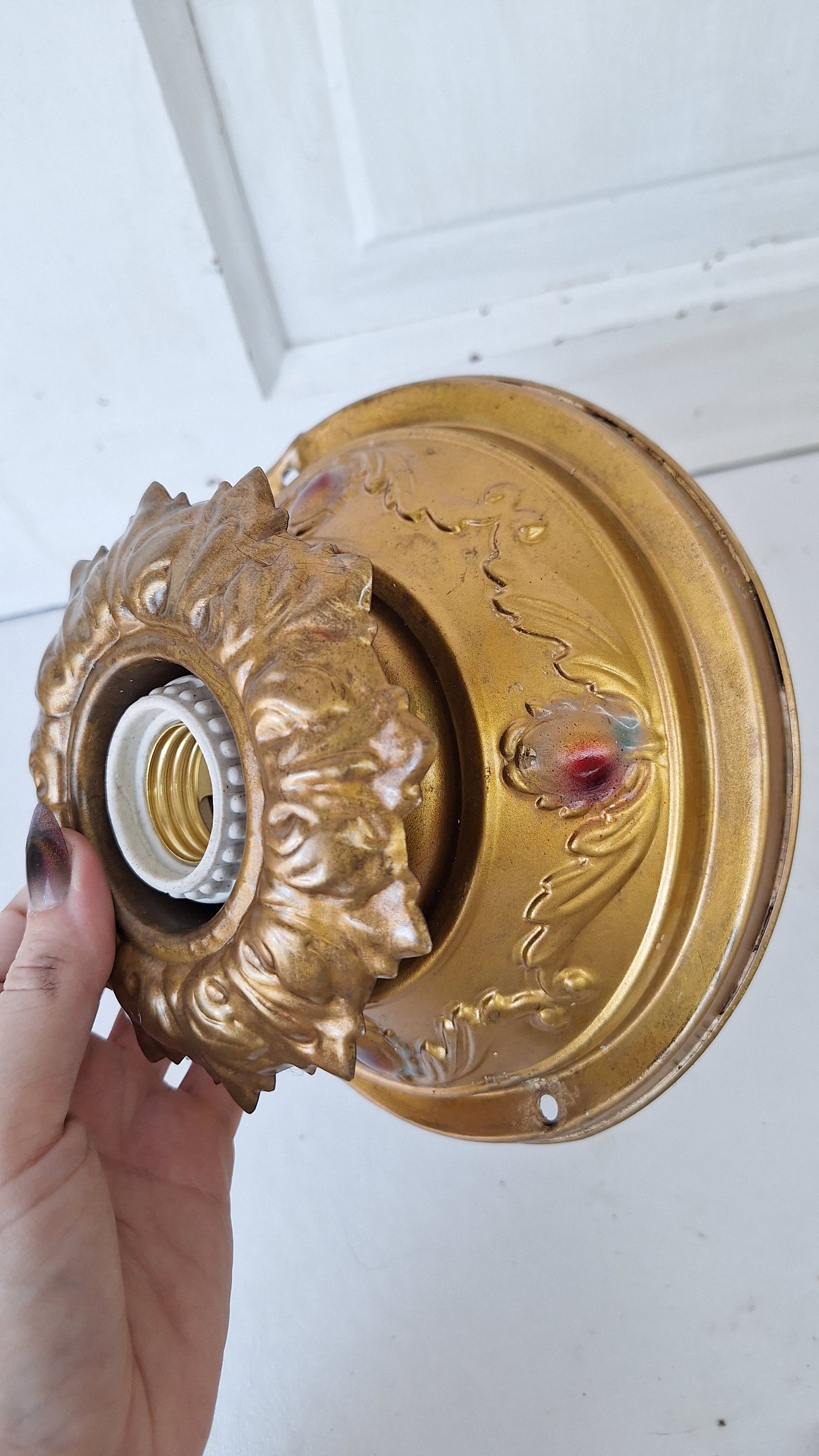 Deco Brass Flush Mount Light: Rewired Antique Fixture with Hand Painted Detailing