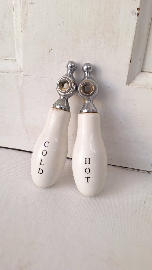 Hot and Cold Antique Porcelain Sink Handles, Porcelain White Faucet Knobs