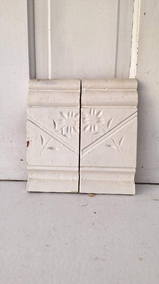 Pair of Antique Spoon Carved Wood Plinth Blocks, Wood Rosette Flower Corner Blocks
