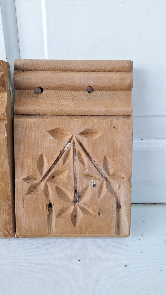 Four Carved Wood Plinth Blocks, Spoon Carved Wooden Trim Molding