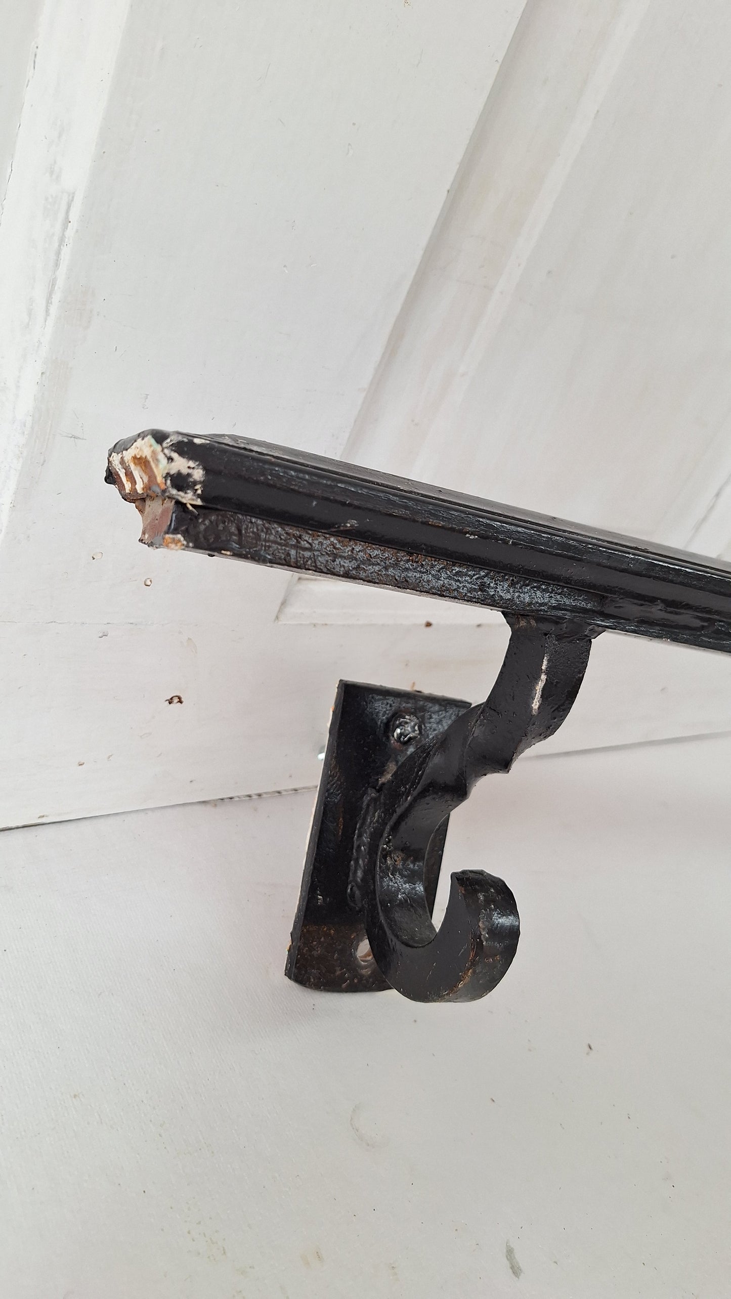 Vintage Iron Church Handrailing, Black Iron Hand Rail with Wrought Scroll Brackets
