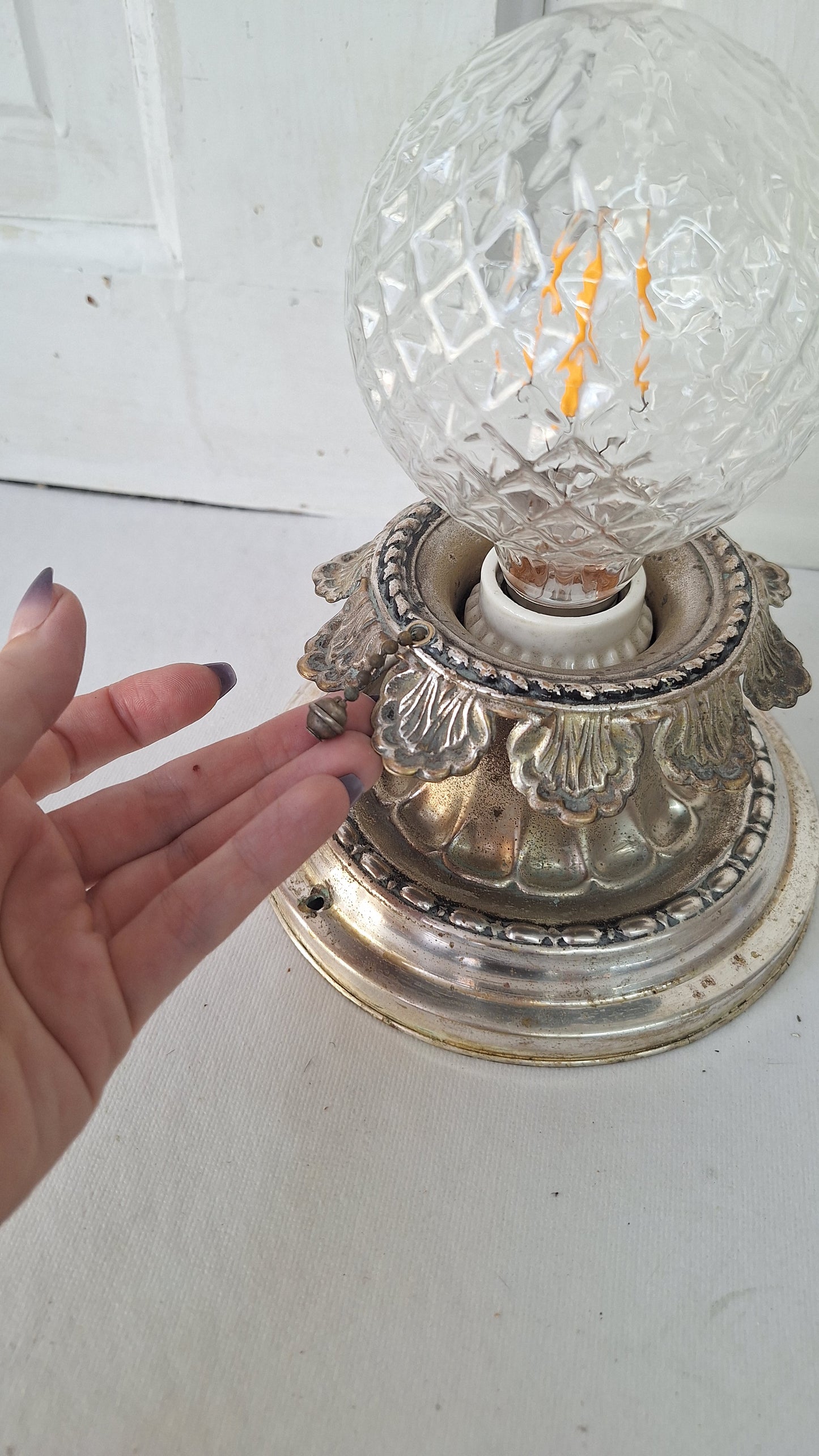 Silver Plated Brass Flush Mount Light: Rewired Antique Fixture with Leaf Detailing