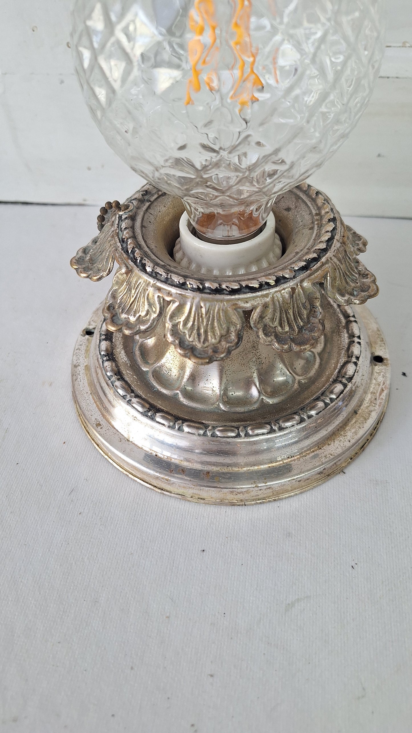 Silver Plated Brass Flush Mount Light: Rewired Antique Fixture with Leaf Detailing