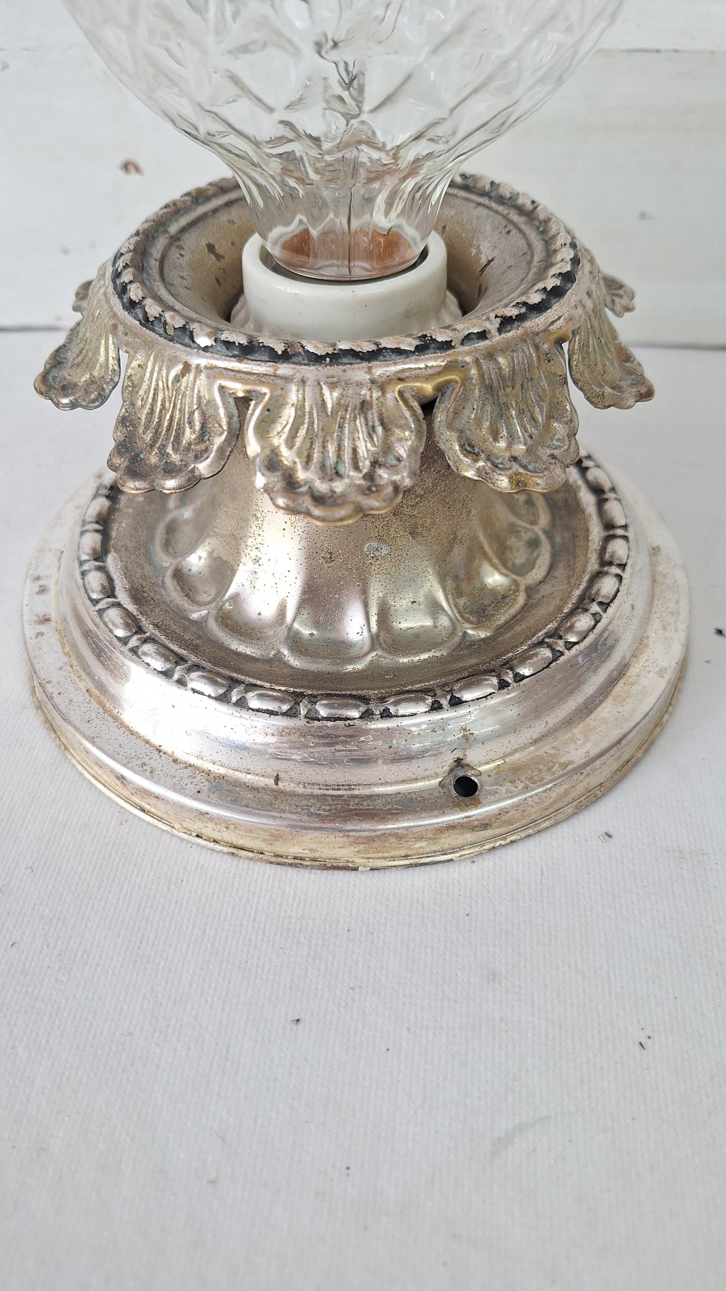 Silver Plated Brass Flush Mount Light: Rewired Antique Fixture with Leaf Detailing