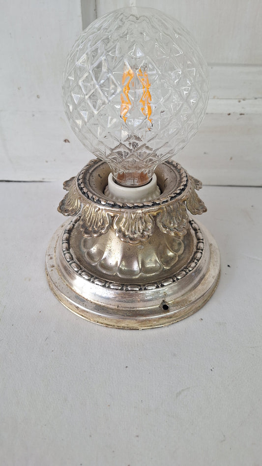 Silver Plated Brass Flush Mount Light: Rewired Antique Fixture with Leaf Detailing