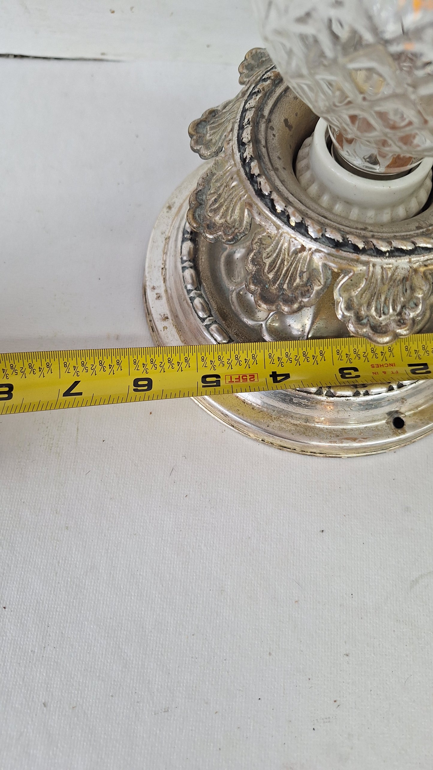 Silver Plated Brass Flush Mount Light: Rewired Antique Fixture with Leaf Detailing