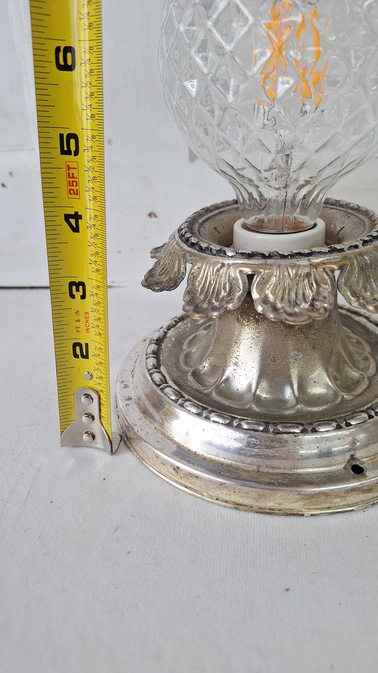 Silver Plated Brass Flush Mount Light: Rewired Antique Fixture with Leaf Detailing