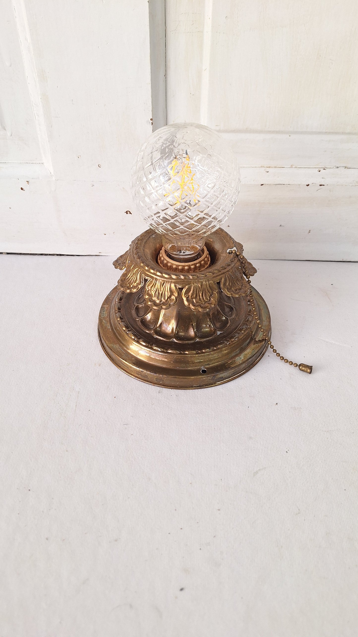 Pull Chain Brass Flush Mount Light: Rewired Antique Fixture with Leaf Detailing