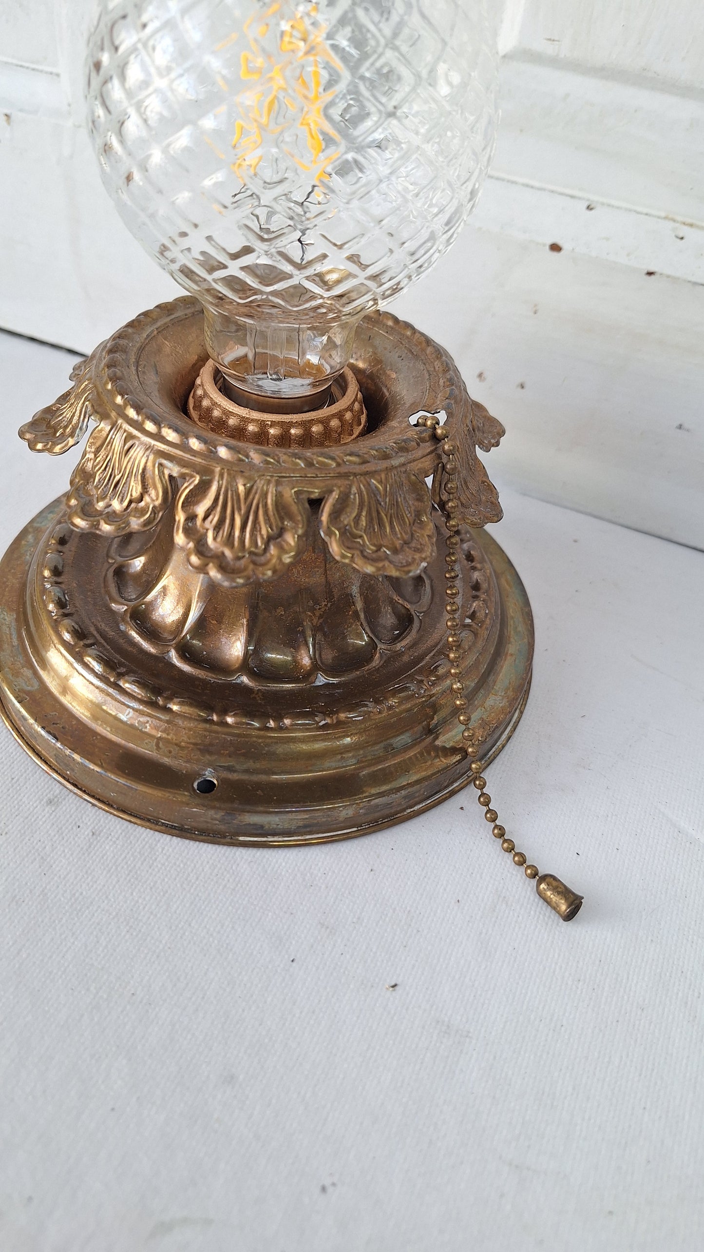 Pull Chain Brass Flush Mount Light: Rewired Antique Fixture with Leaf Detailing