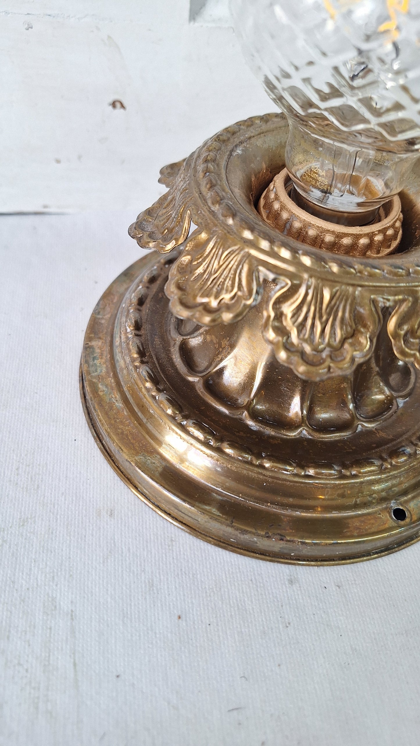 Pull Chain Brass Flush Mount Light: Rewired Antique Fixture with Leaf Detailing