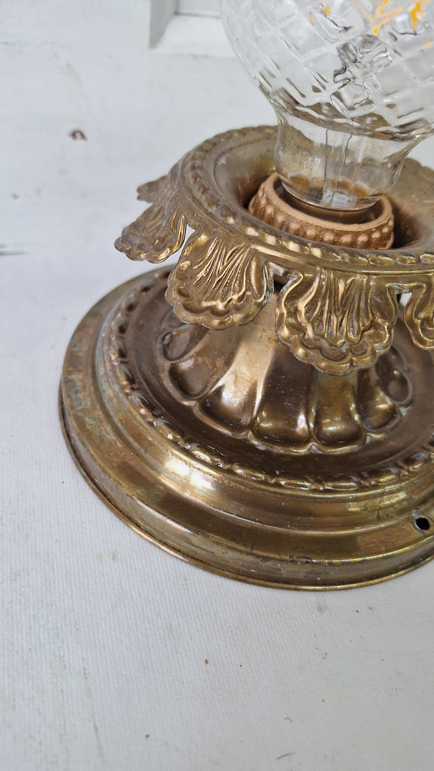 Pull Chain Brass Flush Mount Light: Rewired Antique Fixture with Leaf Detailing
