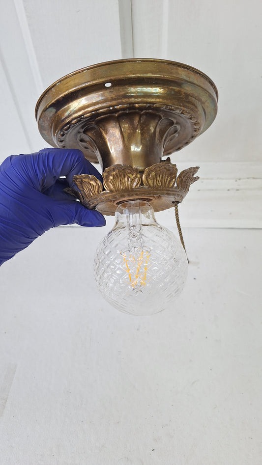 Pull Chain Brass Flush Mount Light: Rewired Antique Fixture with Leaf Detailing