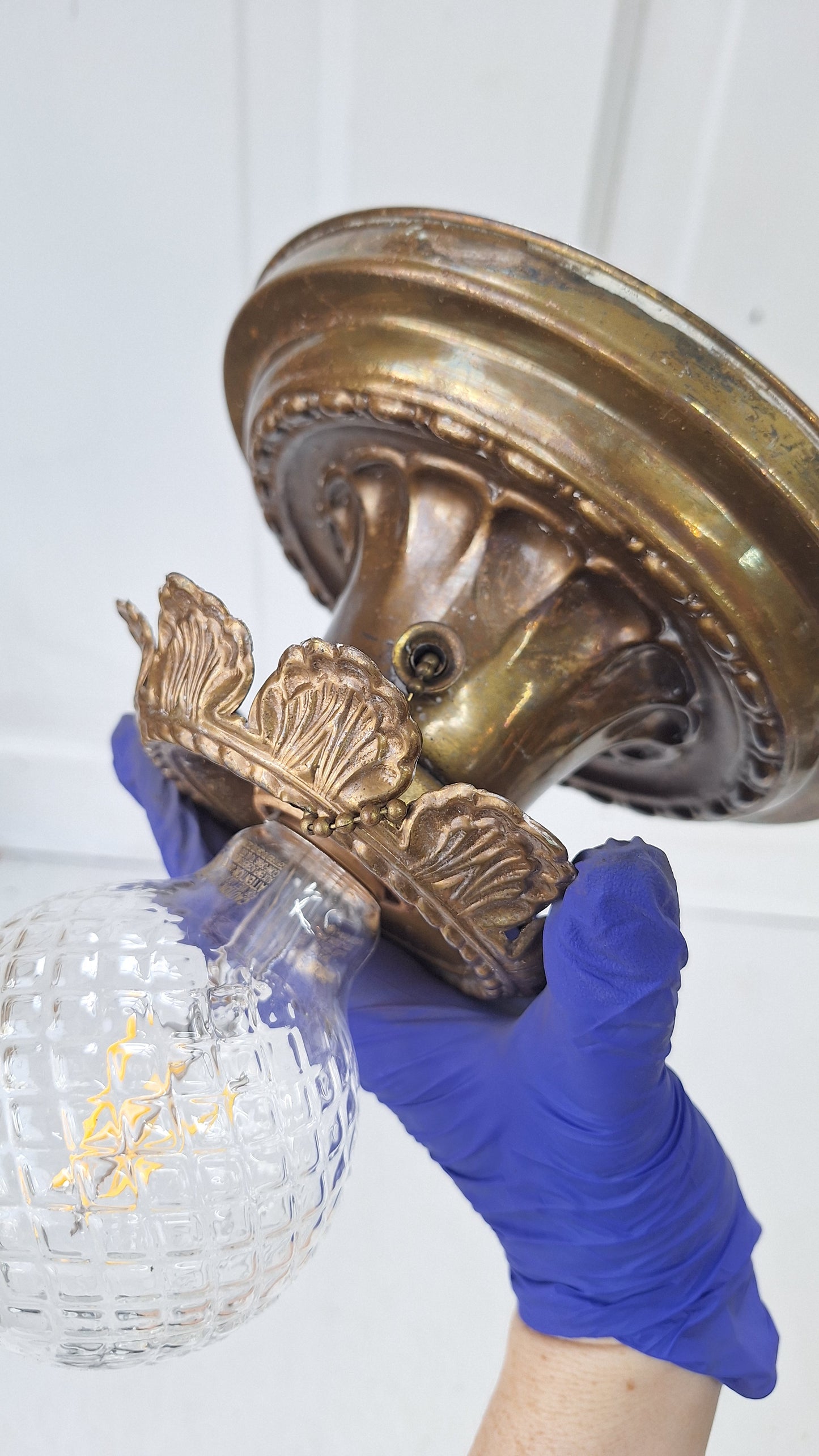 Pull Chain Brass Flush Mount Light: Rewired Antique Fixture with Leaf Detailing