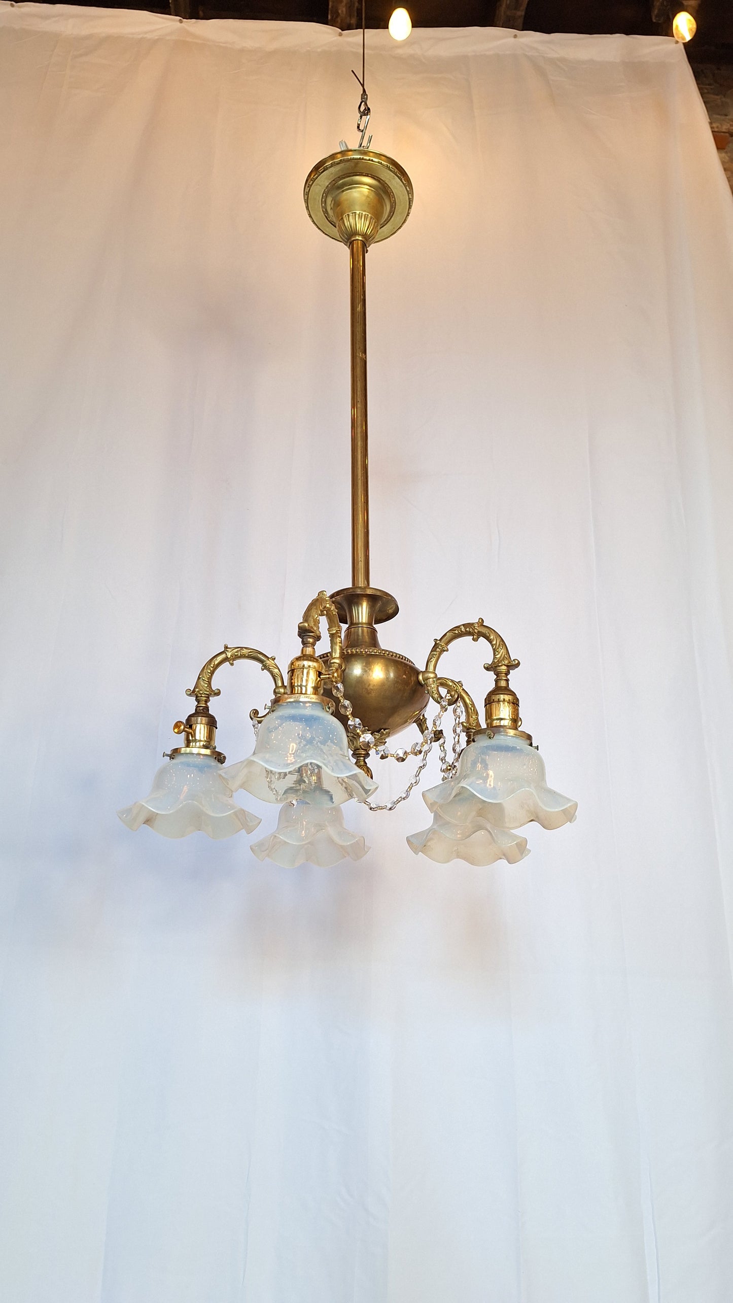 Antique Bronze and Crystal Chandelier with Opalescent Glass Shades