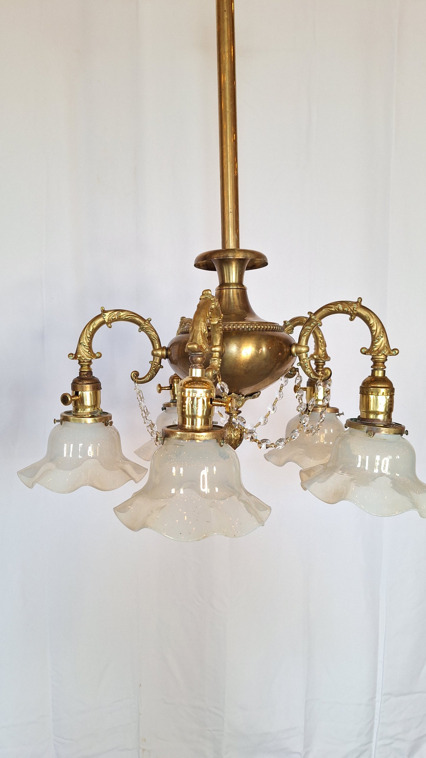 Antique Bronze and Crystal Chandelier with Opalescent Glass Shades