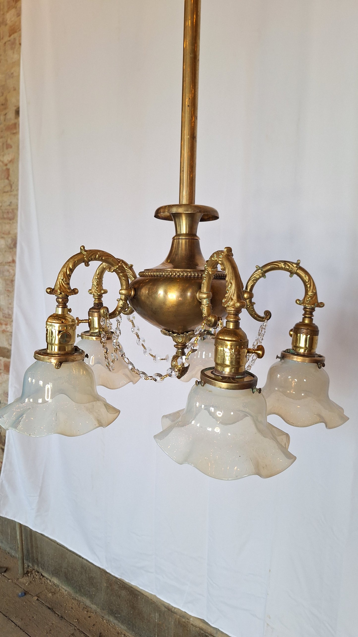 Antique Bronze and Crystal Chandelier with Opalescent Glass Shades