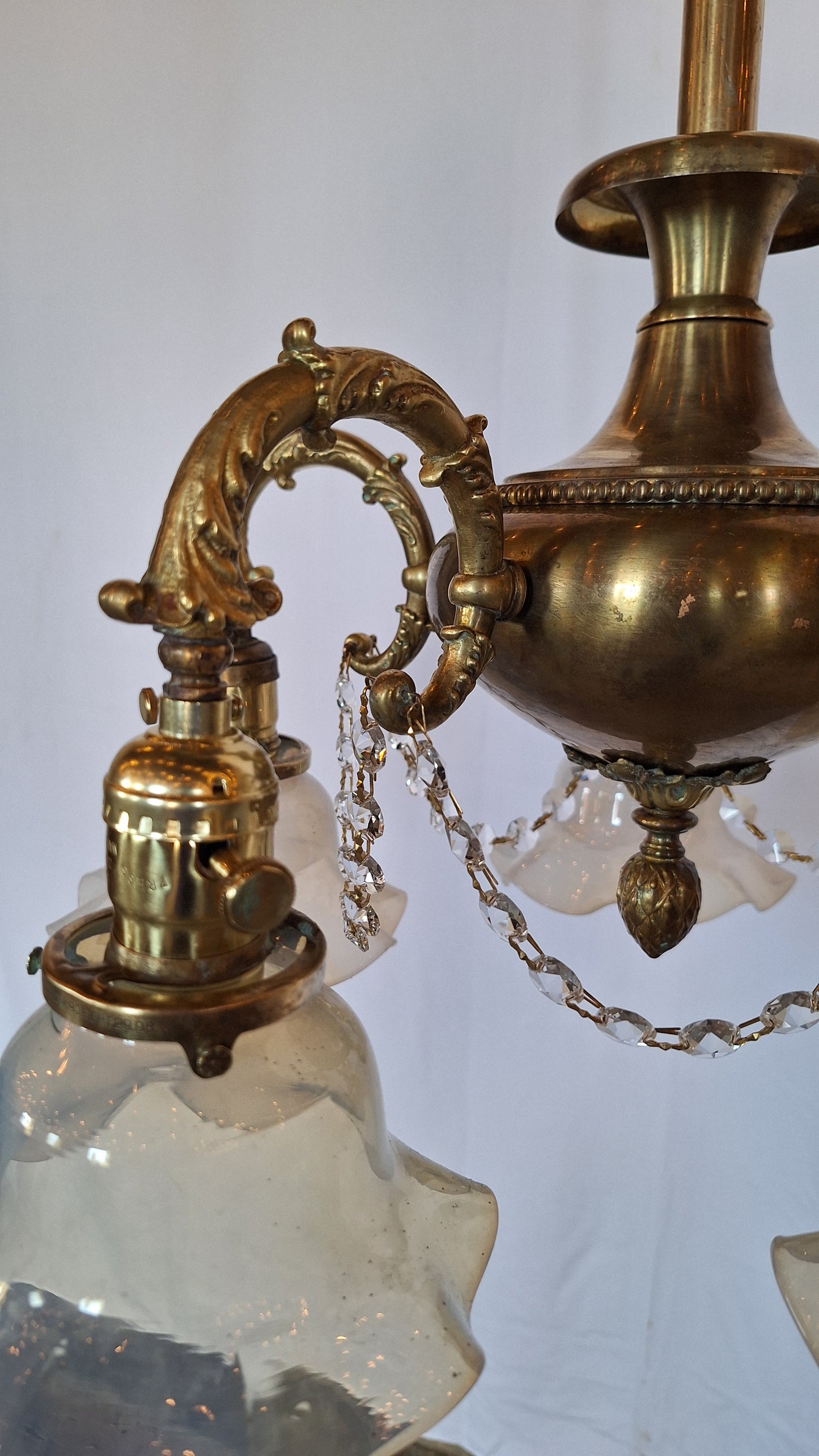 Antique Bronze and Crystal Chandelier with Opalescent Glass Shades
