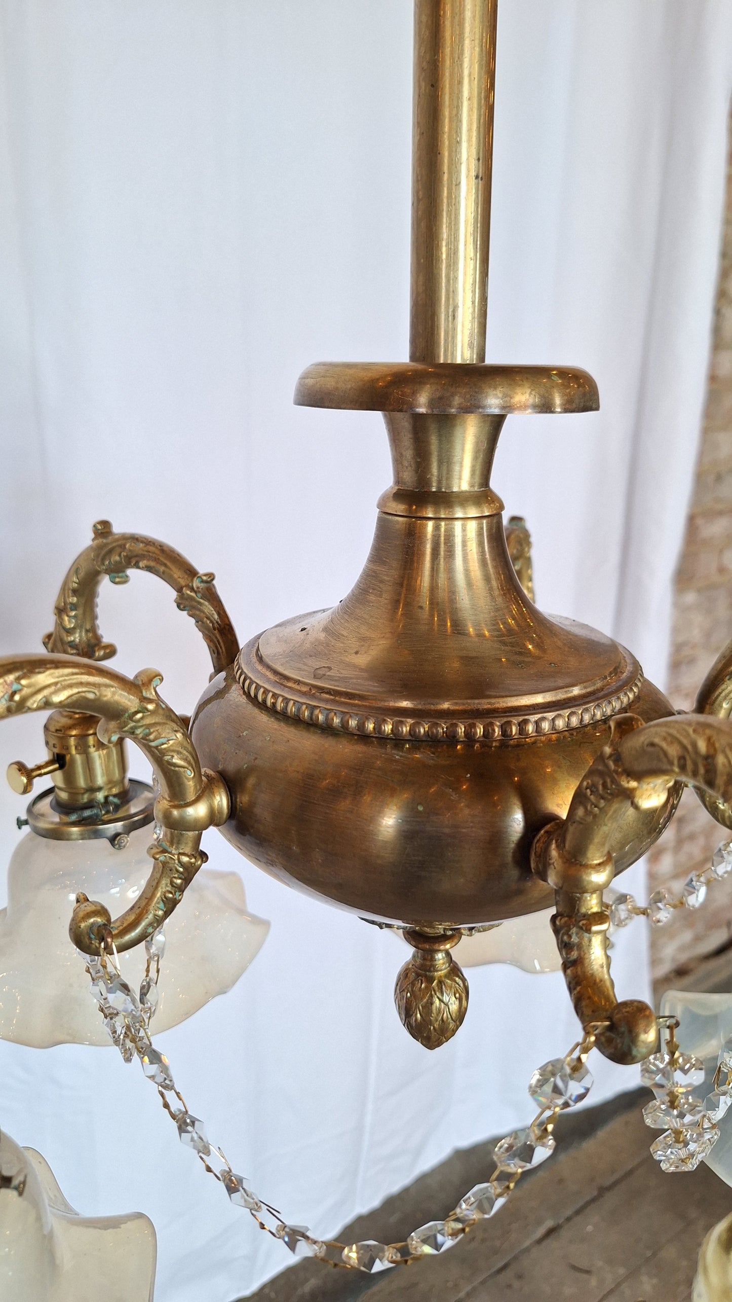 Antique Bronze and Crystal Chandelier with Opalescent Glass Shades