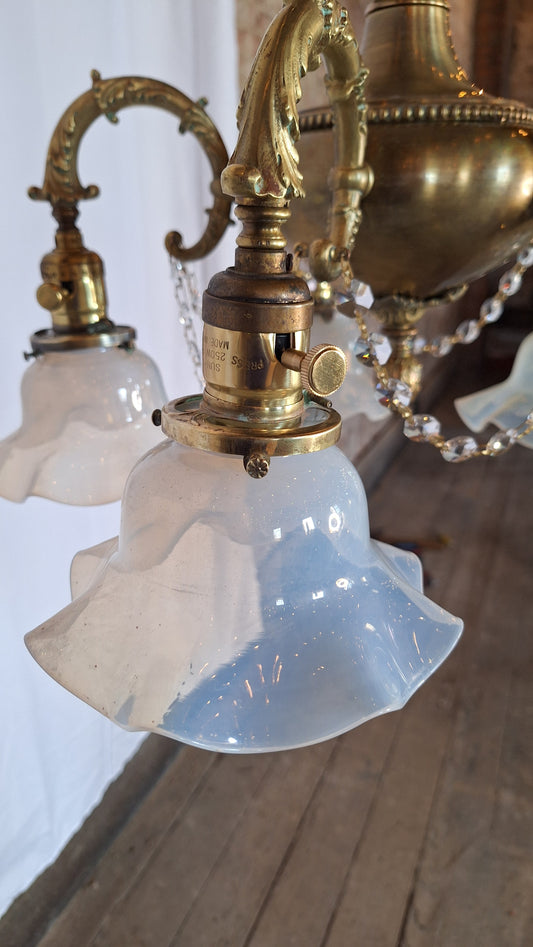 Antique Bronze and Crystal Chandelier with Opalescent Glass Shades