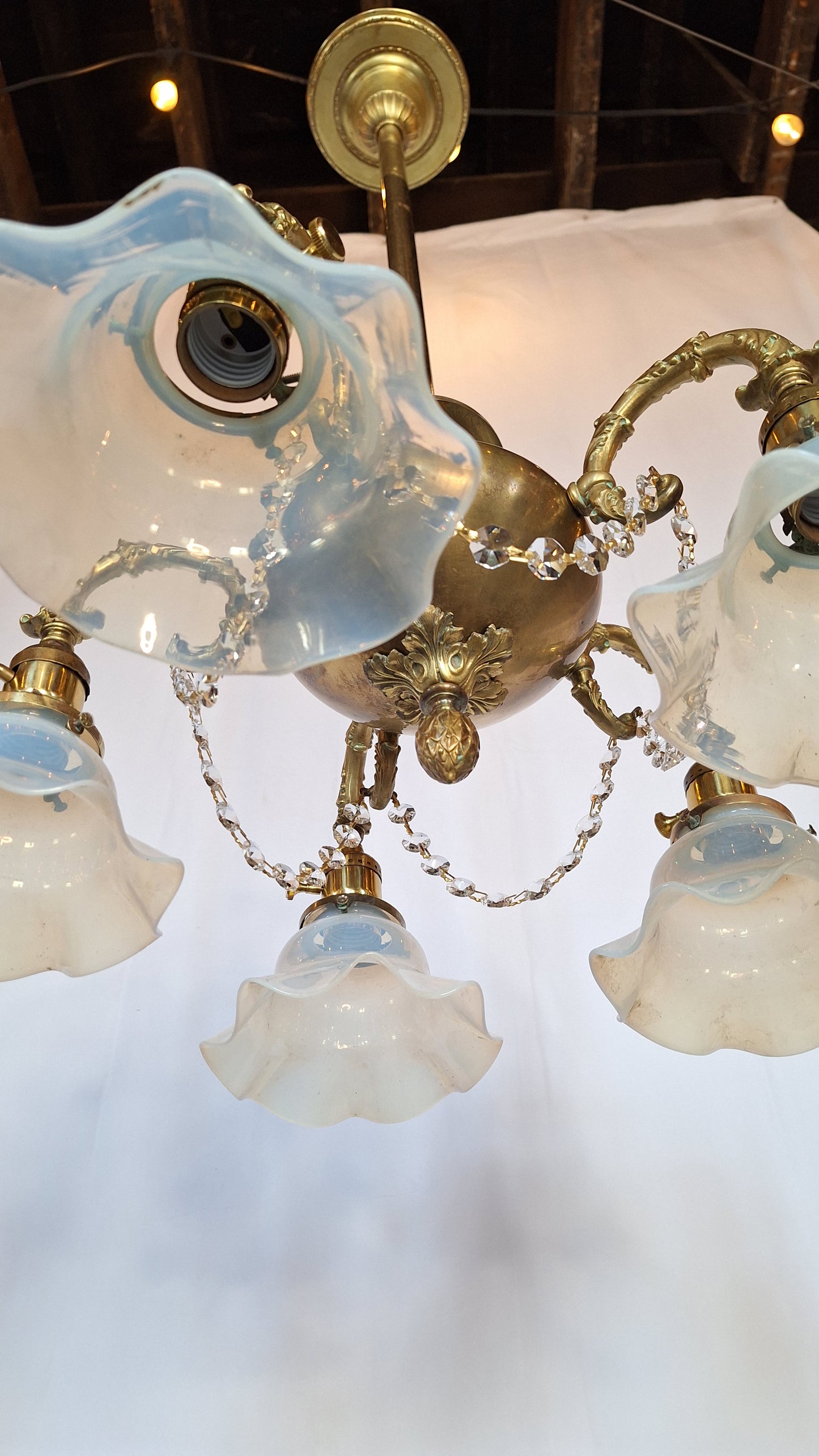 Antique Bronze and Crystal Chandelier with Opalescent Glass Shades
