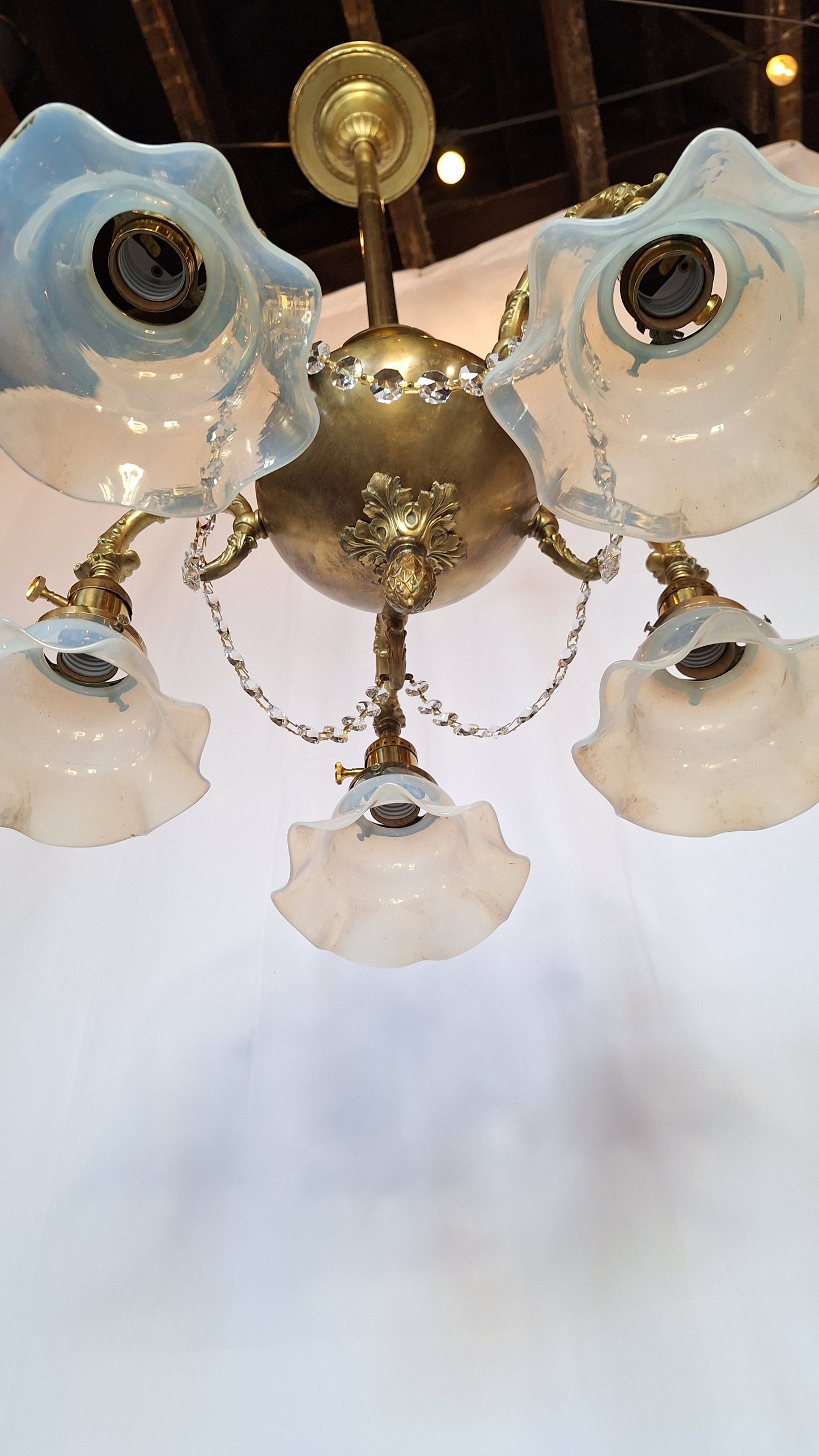 Antique Bronze and Crystal Chandelier with Opalescent Glass Shades
