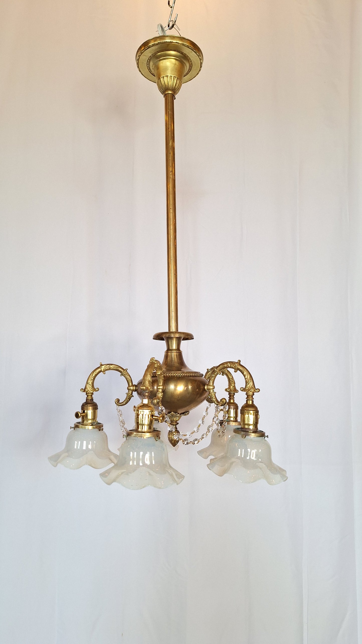 Antique Bronze and Crystal Chandelier with Opalescent Glass Shades