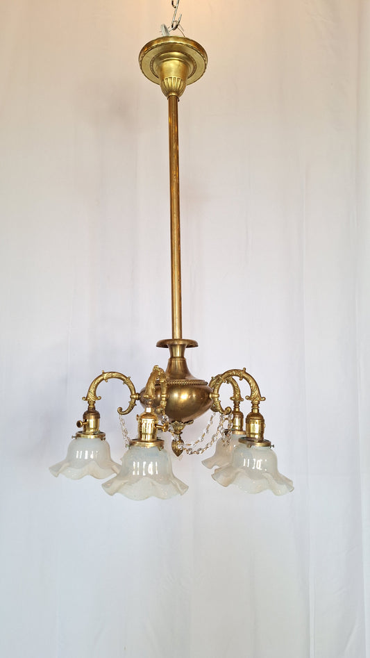 Antique Bronze and Crystal Chandelier with Opalescent Glass Shades