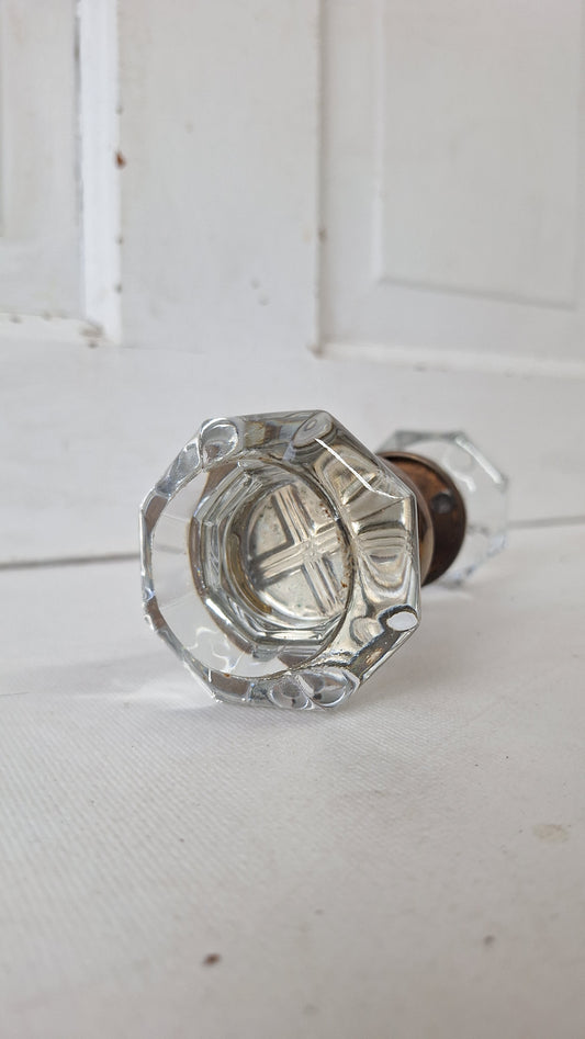 Wide Shank Antique Glass Knobs with Etched Cross Center, Antique Glass Doorknobs with Brass Shanks