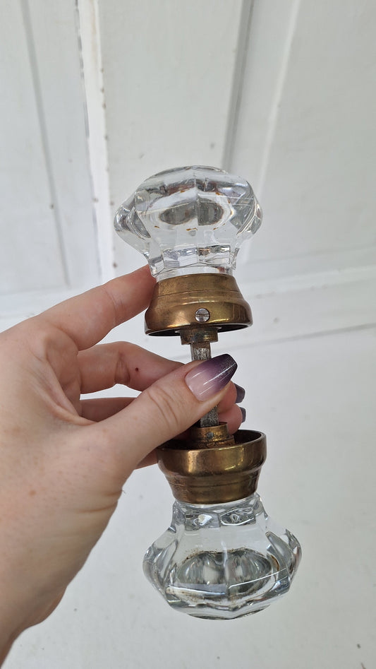 Wide Shank Antique Glass Knobs with Etched Cross Center, Antique Glass Doorknobs with Brass Shanks