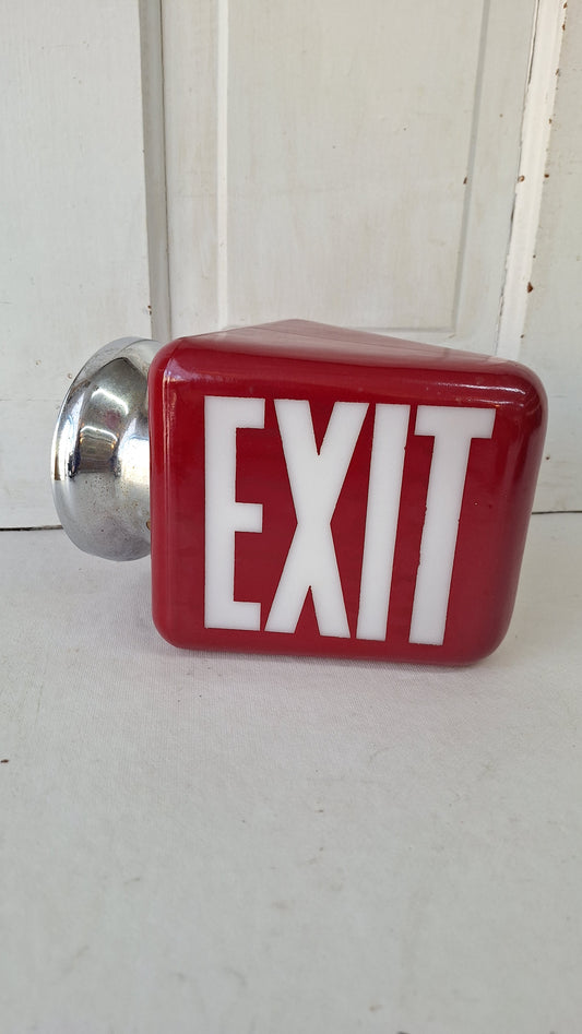 Vintage White and Red Exit Sign with Brass Base, Wall Mounted Exit Sign Light, Milk Glass Exit Light Fixture Kopp Brand 082105