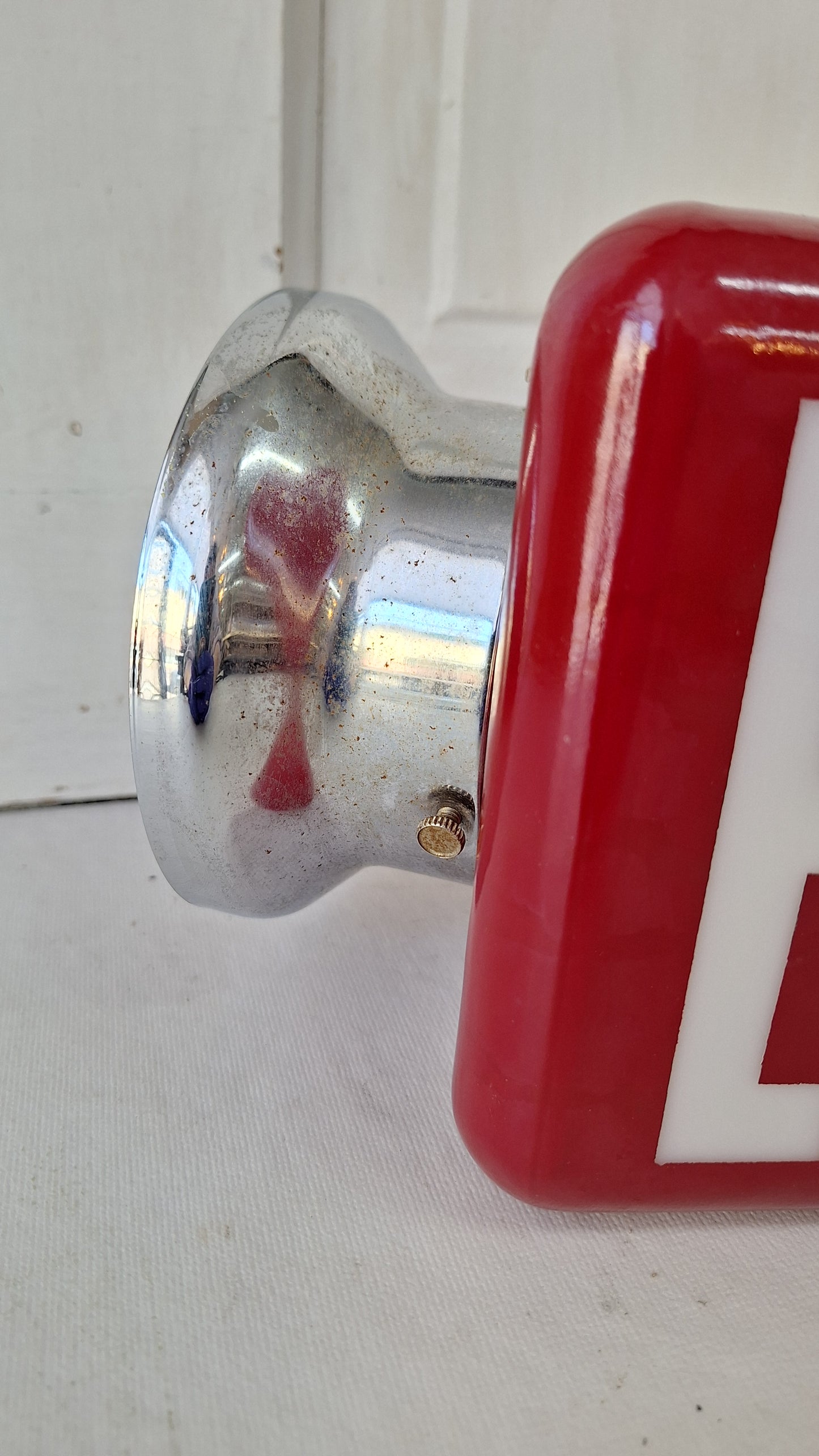 Vintage White and Red Exit Sign with Brass Base, Wall Mounted Exit Sign Light, Milk Glass Exit Light Fixture Kopp Brand 082105