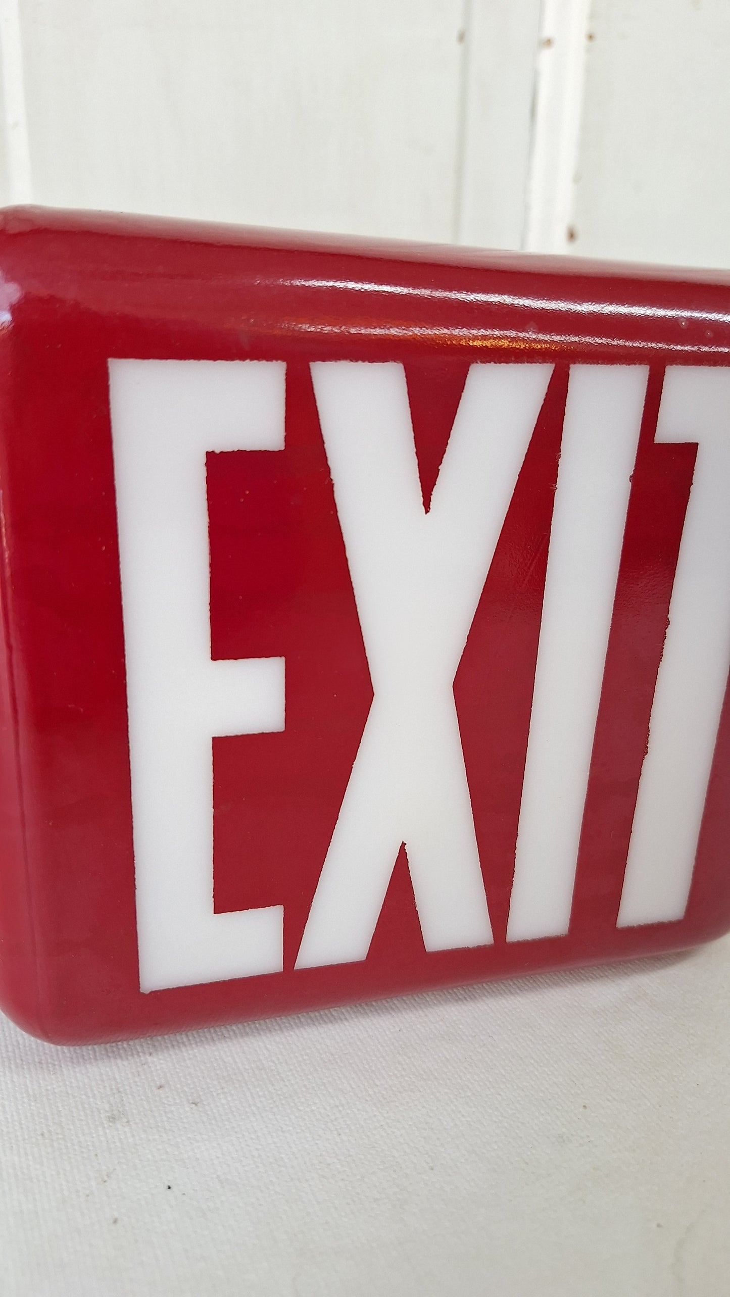 Vintage White and Red Exit Sign with Brass Base, Wall Mounted Exit Sign Light, Milk Glass Exit Light Fixture Kopp Brand 082105