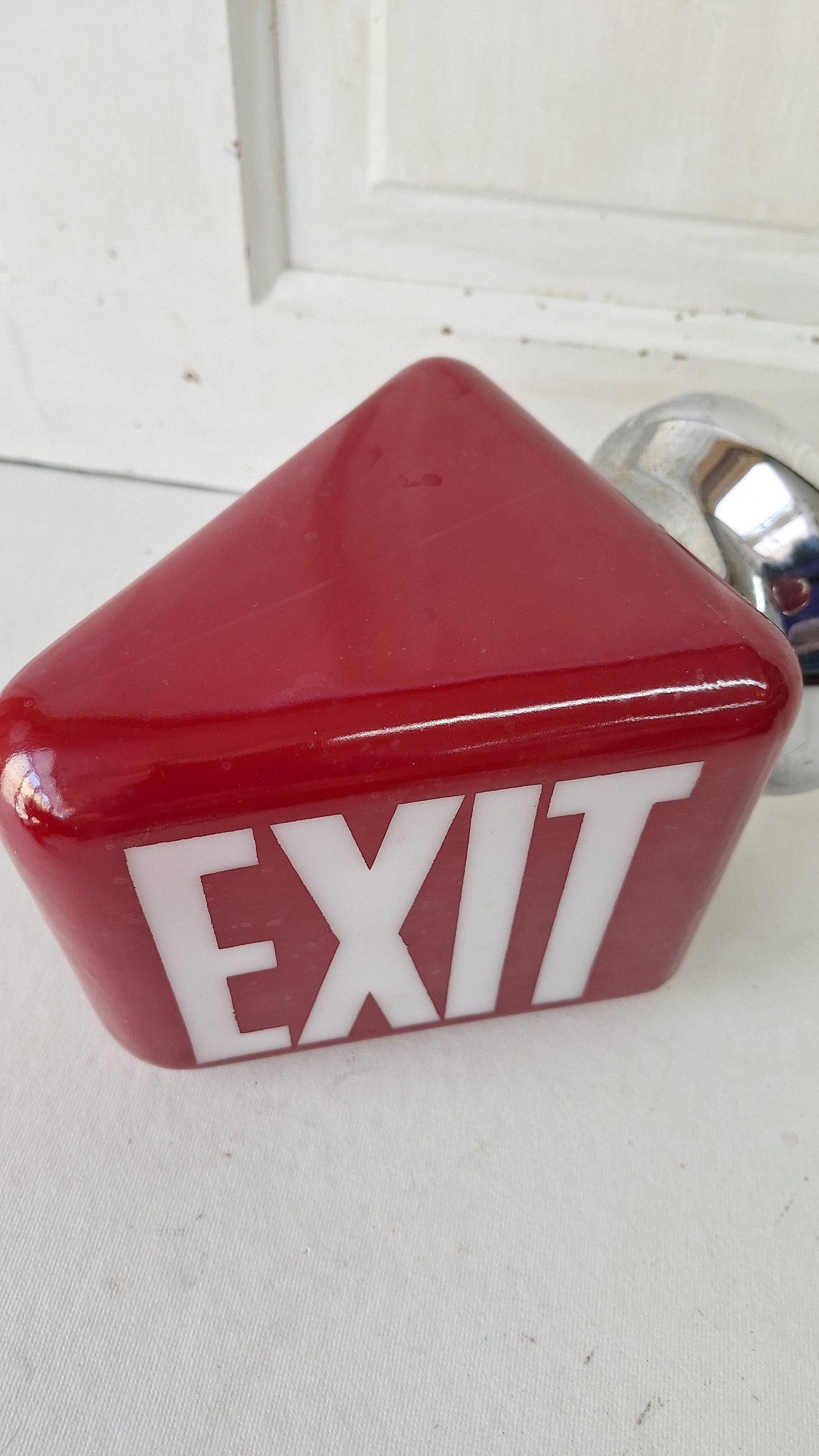 Vintage White and Red Exit Sign with Brass Base, Wall Mounted Exit Sign Light, Milk Glass Exit Light Fixture Kopp Brand 082105
