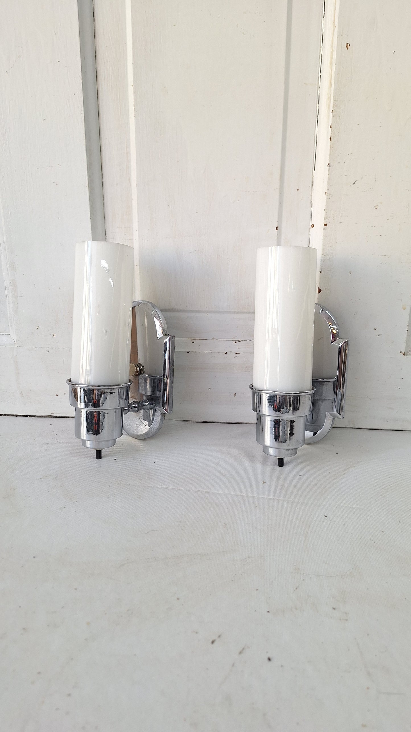 Pair Art Deco Chrome Sconces, White Glass 1930s Bathroom Vanity Lights