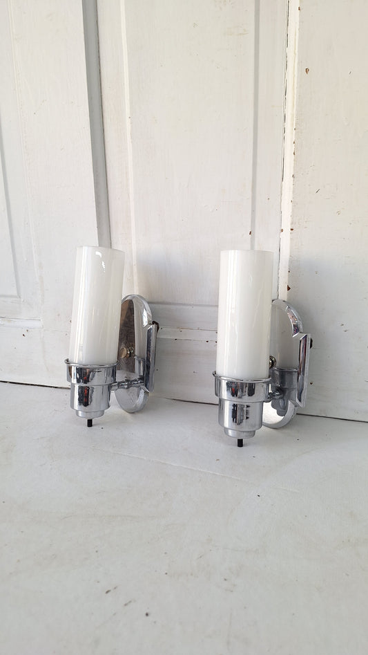 Pair Art Deco Chrome Sconces, White Glass 1930s Bathroom Vanity Lights