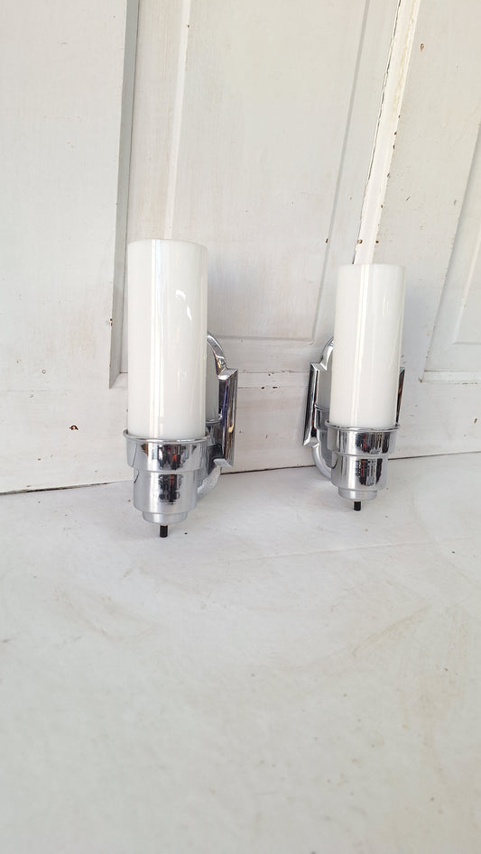 Pair Art Deco Chrome Sconces, White Glass 1930s Bathroom Vanity Lights