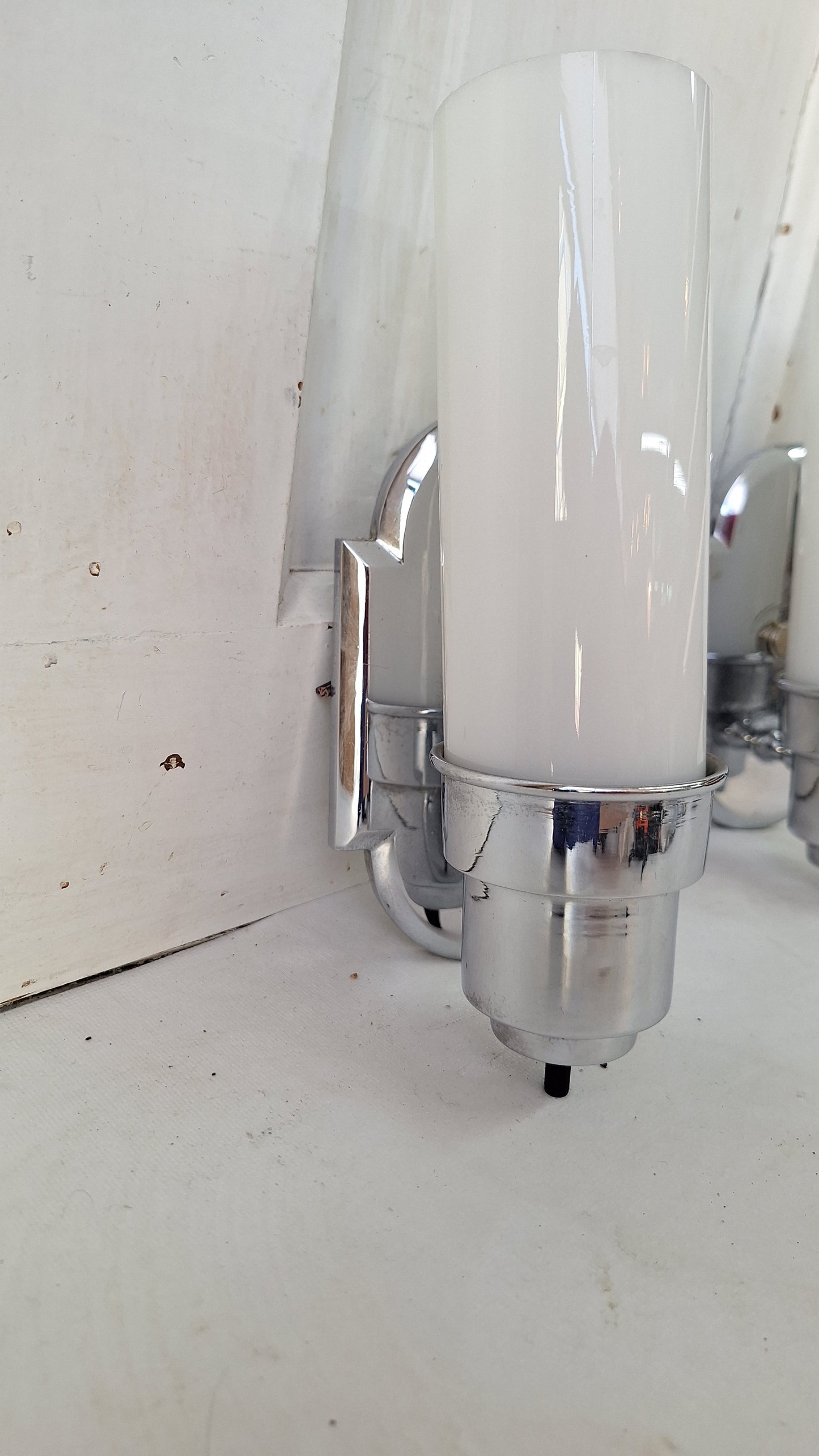 Pair Art Deco Chrome Sconces, White Glass 1930s Bathroom Vanity Lights