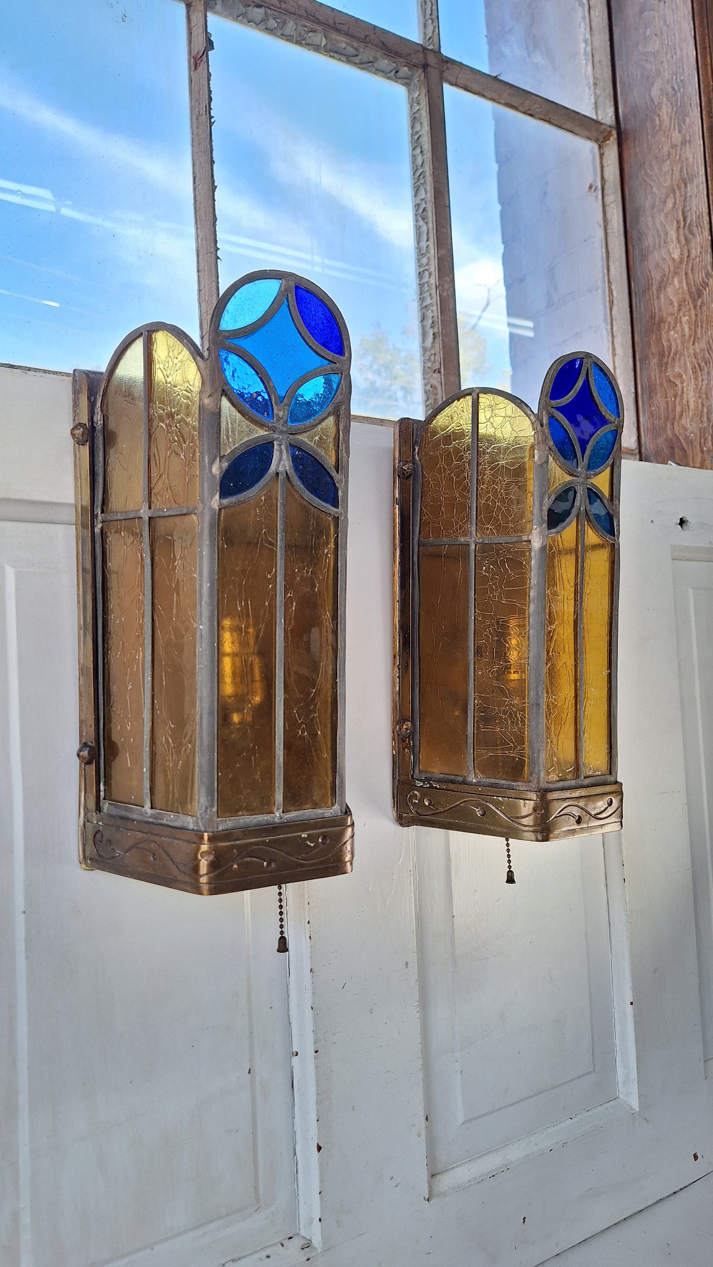 1930s Stained Glass Church Sconces, Vintage Gold and Blue Glass Wall Lights