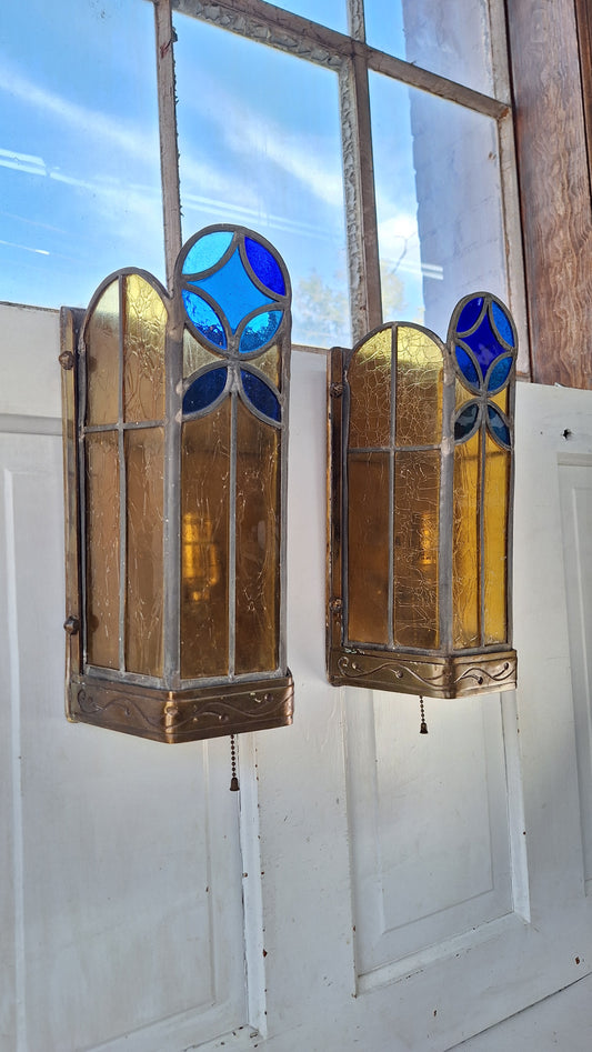 1930s Stained Glass Church Sconces, Vintage Gold and Blue Glass Wall Lights