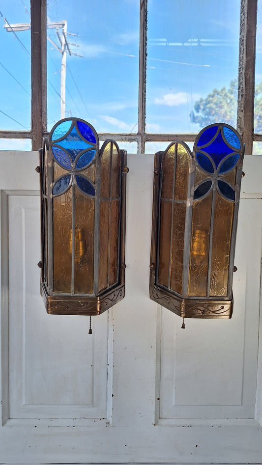 1930s Stained Glass Church Sconces, Vintage Gold and Blue Glass Wall Lights