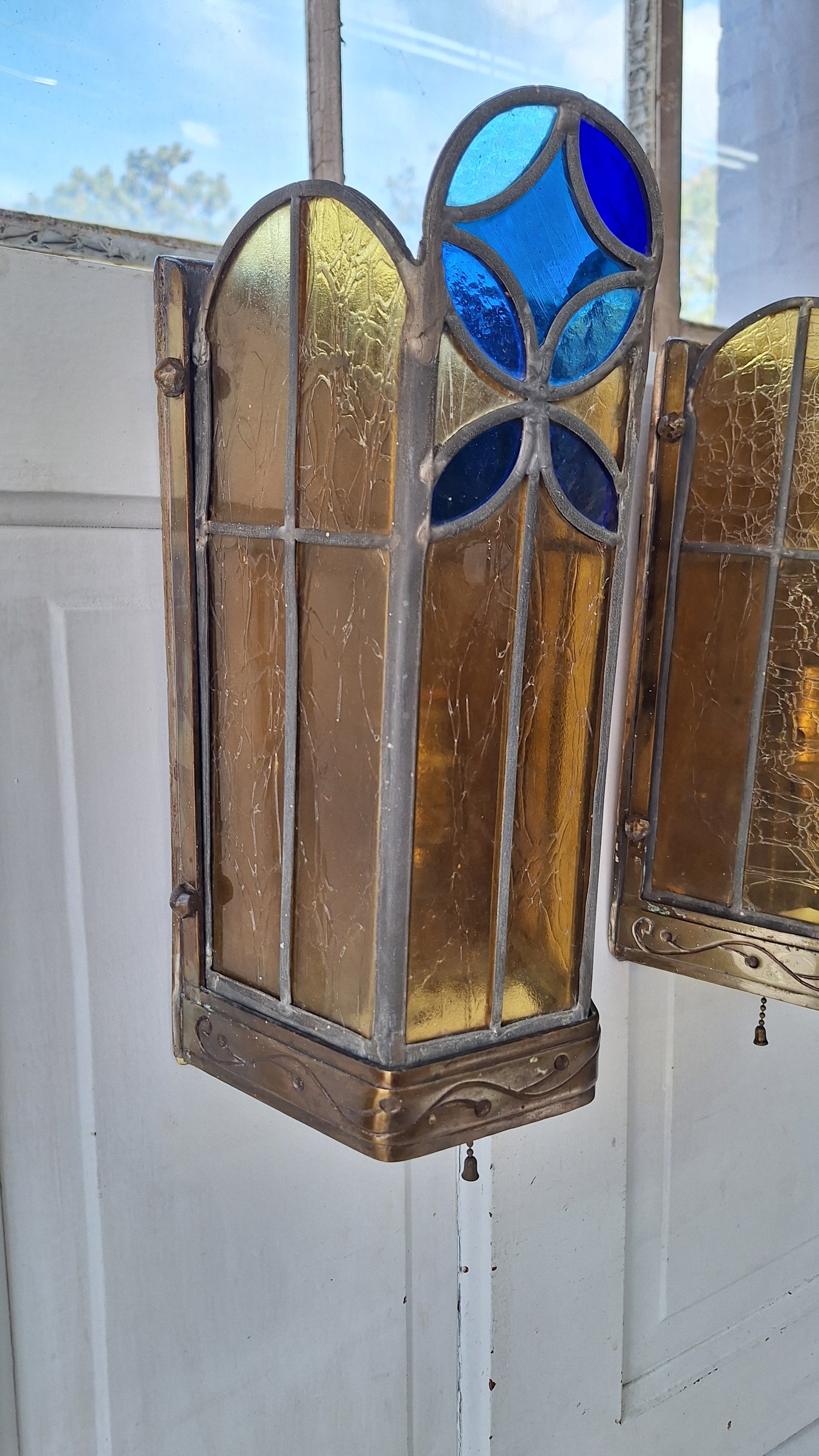 1930s Stained Glass Church Sconces, Vintage Gold and Blue Glass Wall Lights