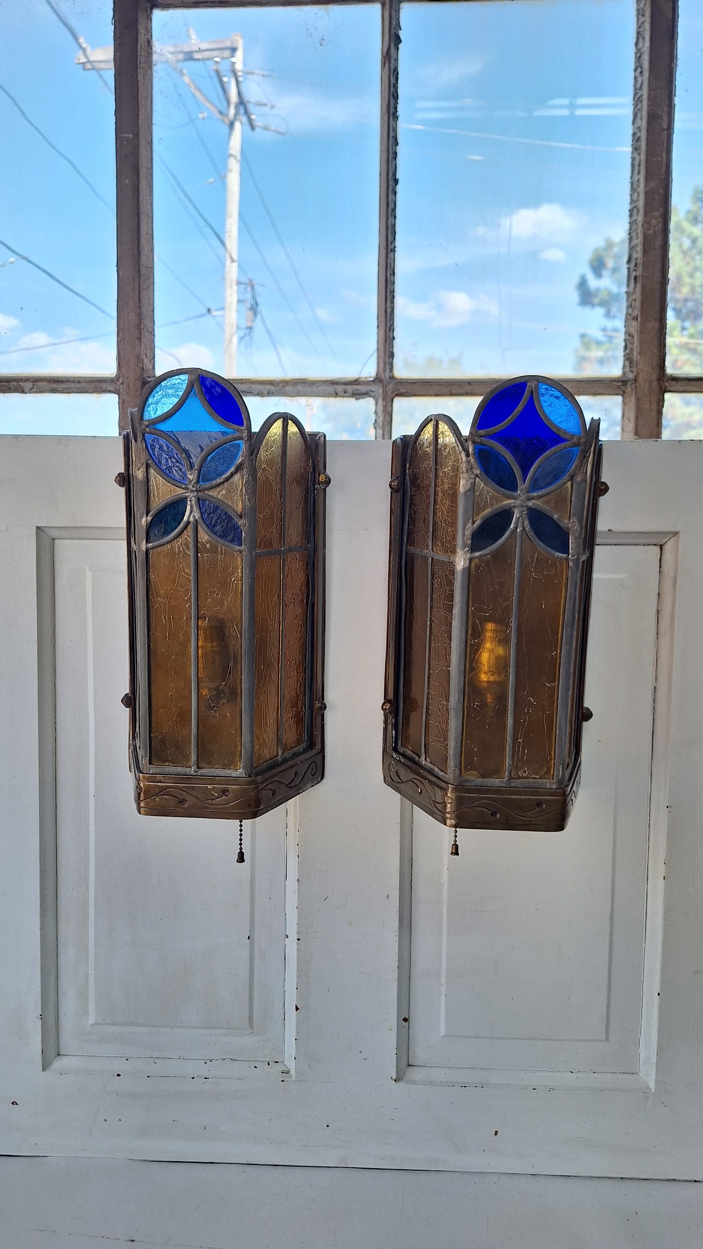 1930s Stained Glass Church Sconces, Vintage Gold and Blue Glass Wall Lights