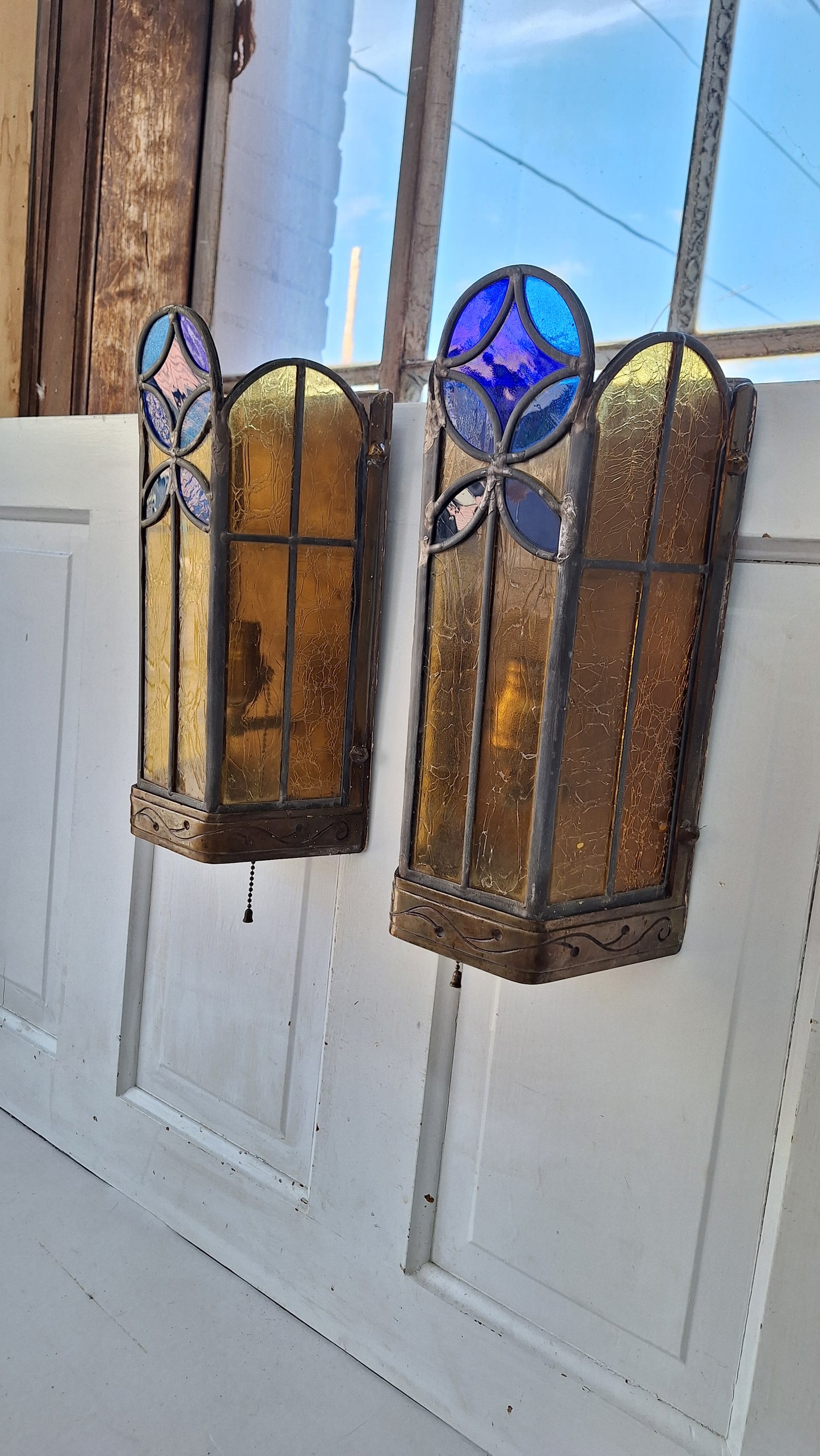 1930s Stained Glass Church Sconces, Vintage Gold and Blue Glass Wall Lights