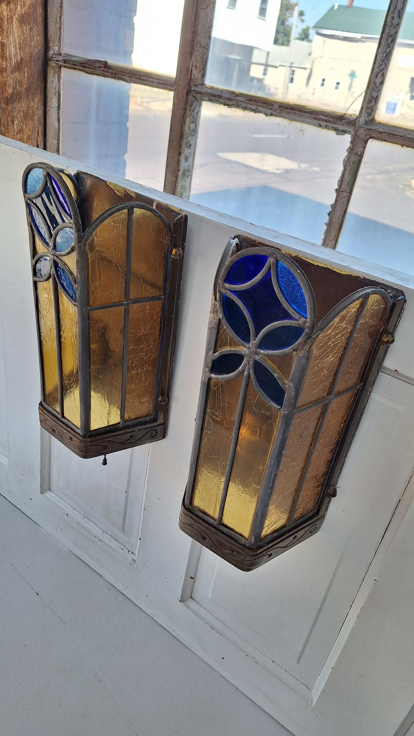 1930s Stained Glass Church Sconces, Vintage Gold and Blue Glass Wall Lights