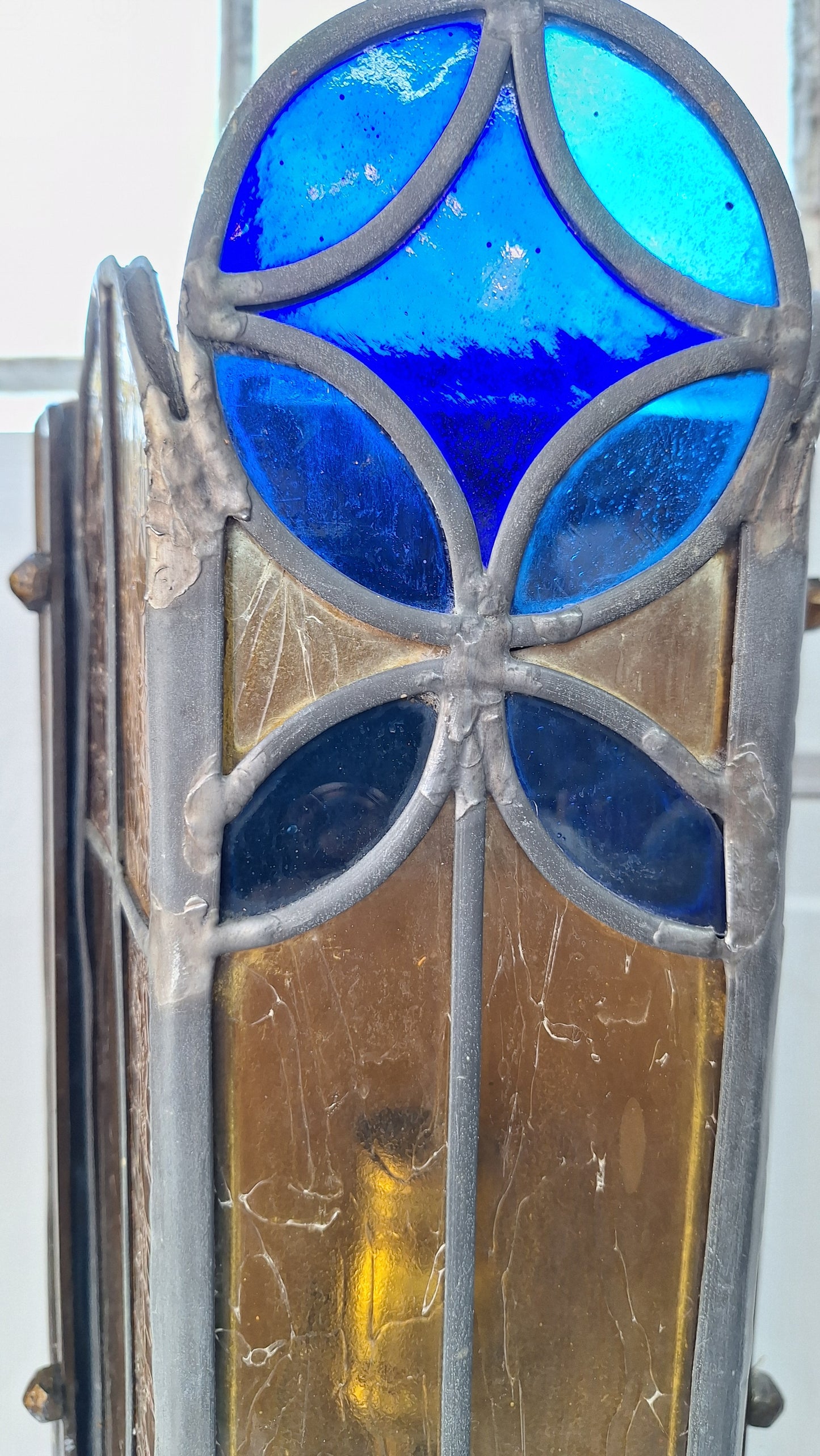 1930s Stained Glass Church Sconces, Vintage Gold and Blue Glass Wall Lights