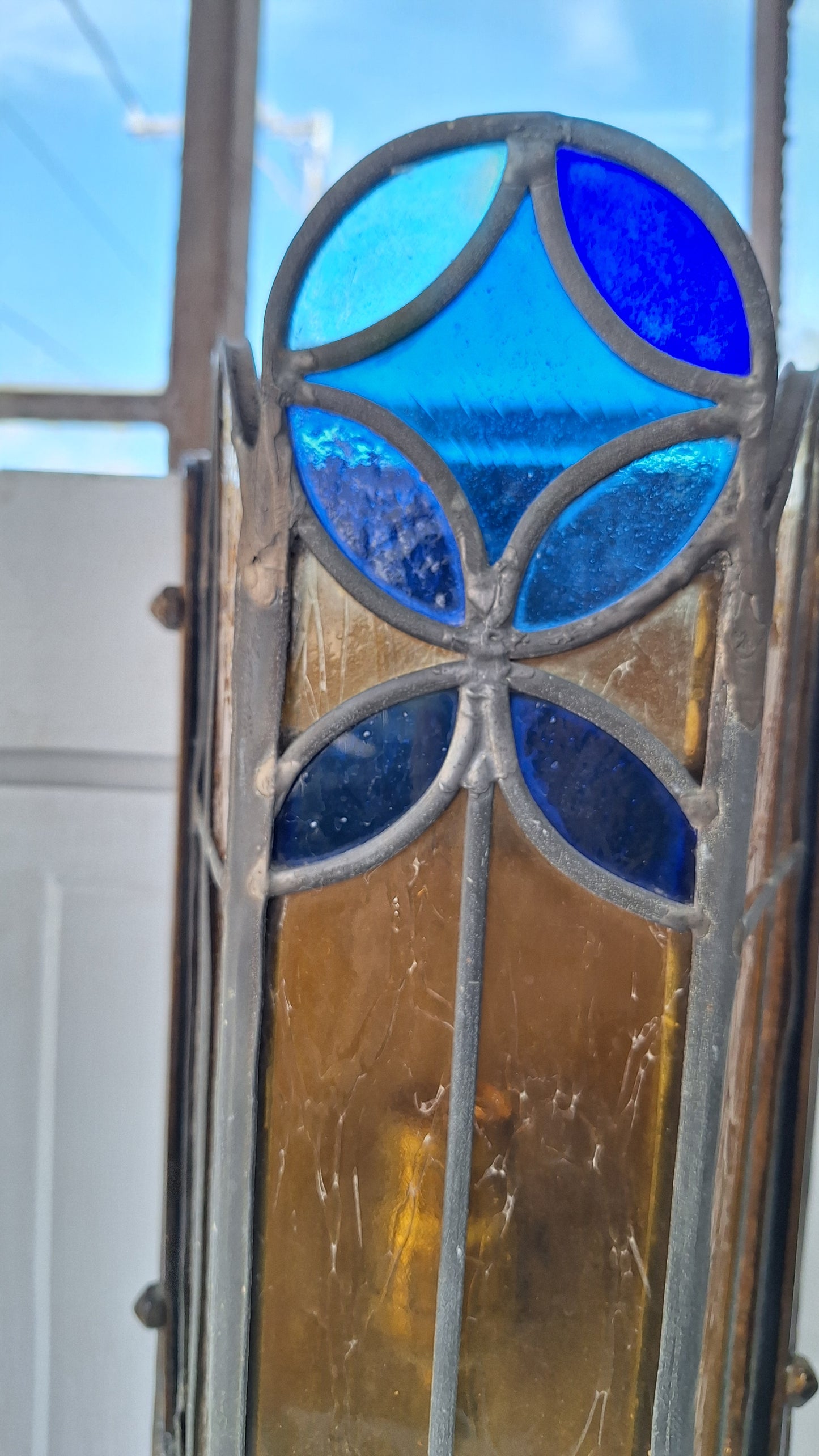 1930s Stained Glass Church Sconces, Vintage Gold and Blue Glass Wall Lights
