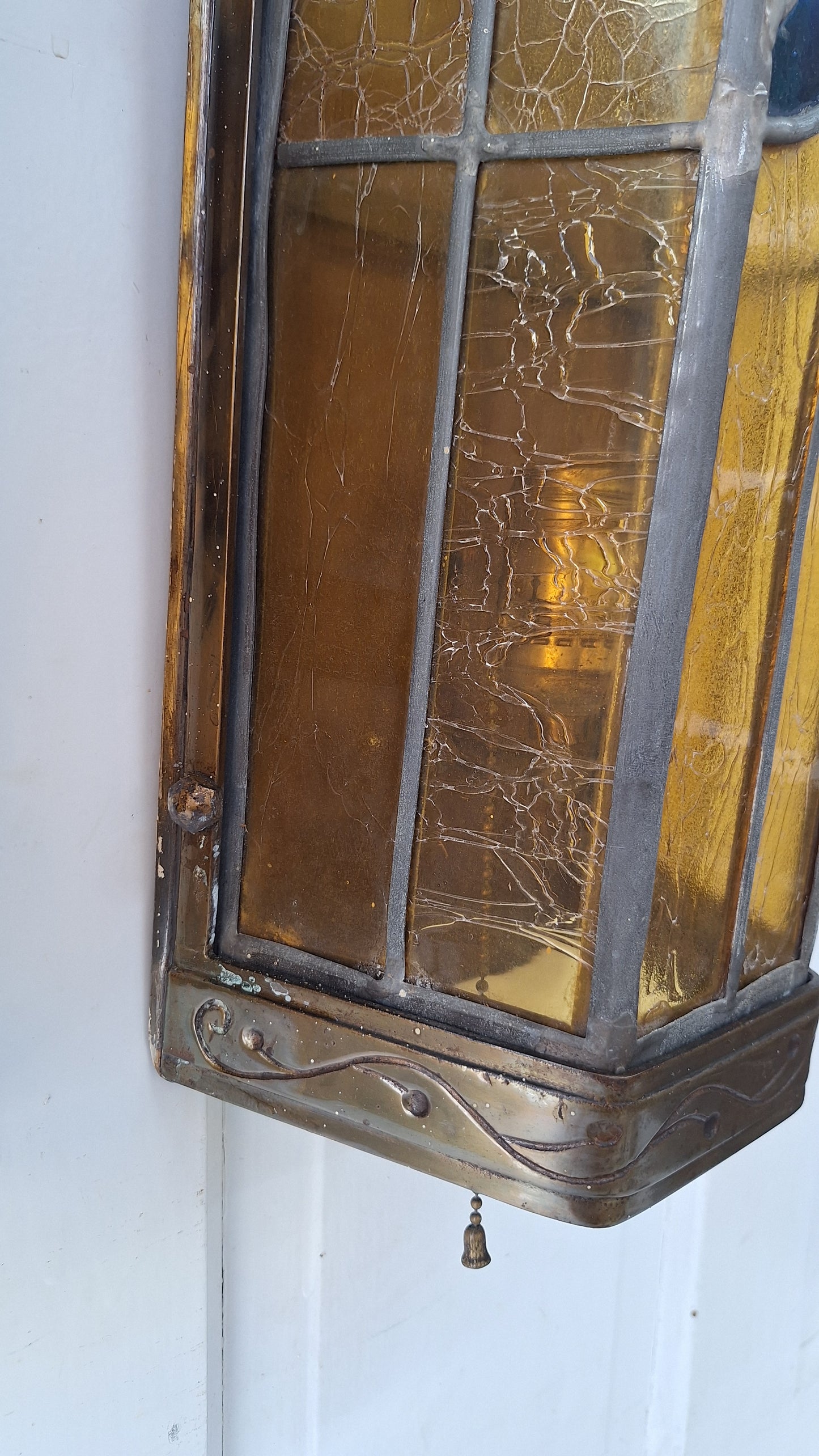 1930s Stained Glass Church Sconces, Vintage Gold and Blue Glass Wall Lights