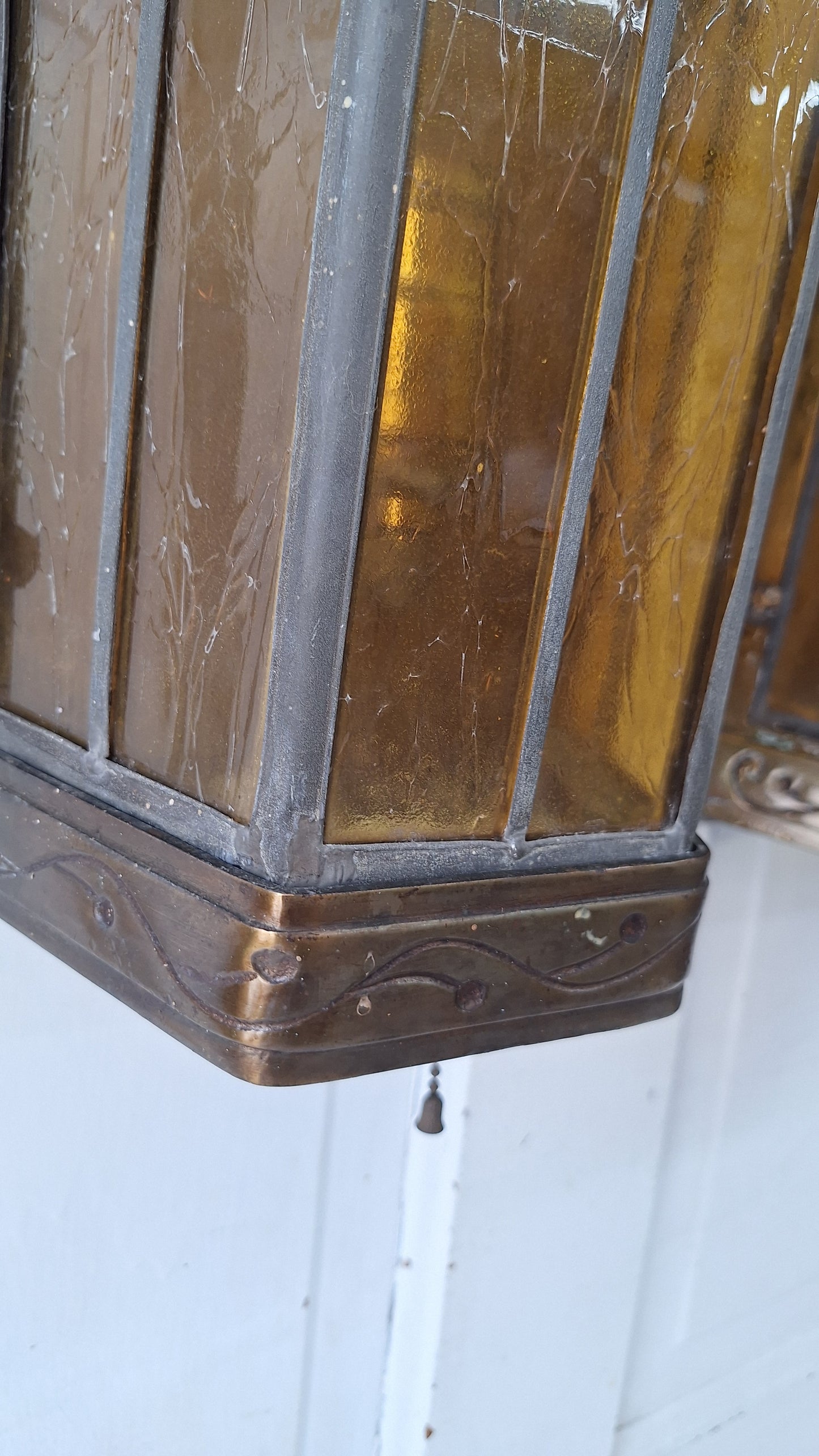 1930s Stained Glass Church Sconces, Vintage Gold and Blue Glass Wall Lights