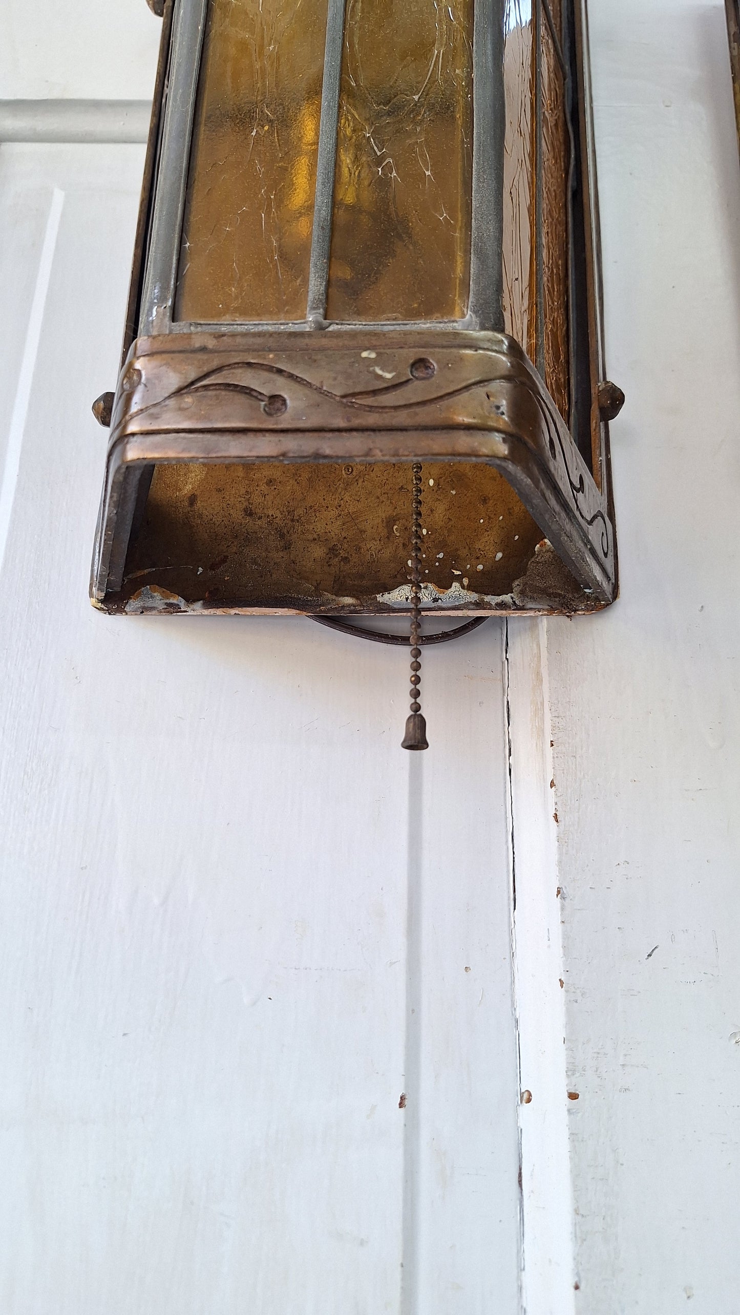 1930s Stained Glass Church Sconces, Vintage Gold and Blue Glass Wall Lights