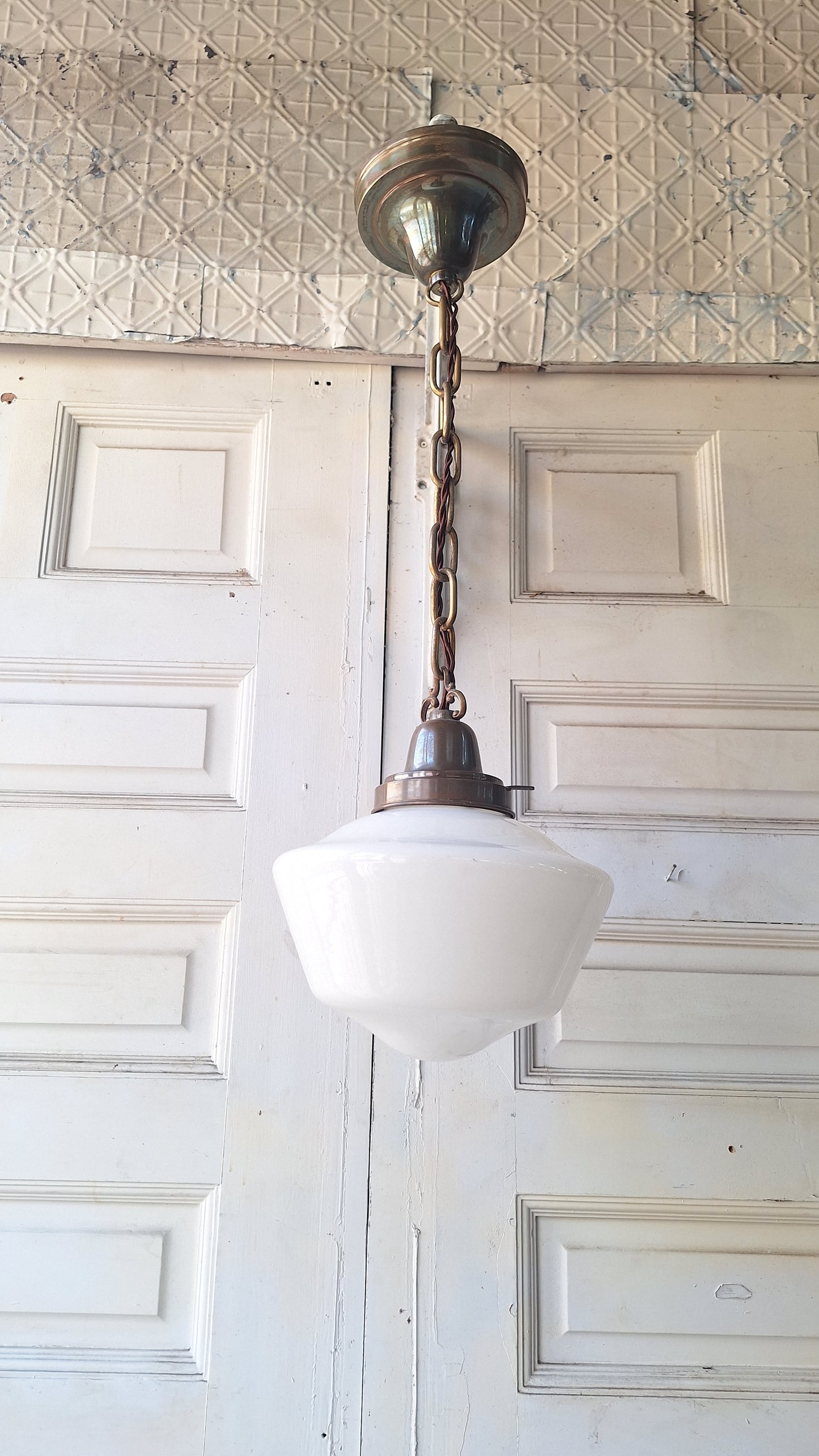 Beardslee Bronze and White Glass Pendant Light, Small Art Deco Pendant Light